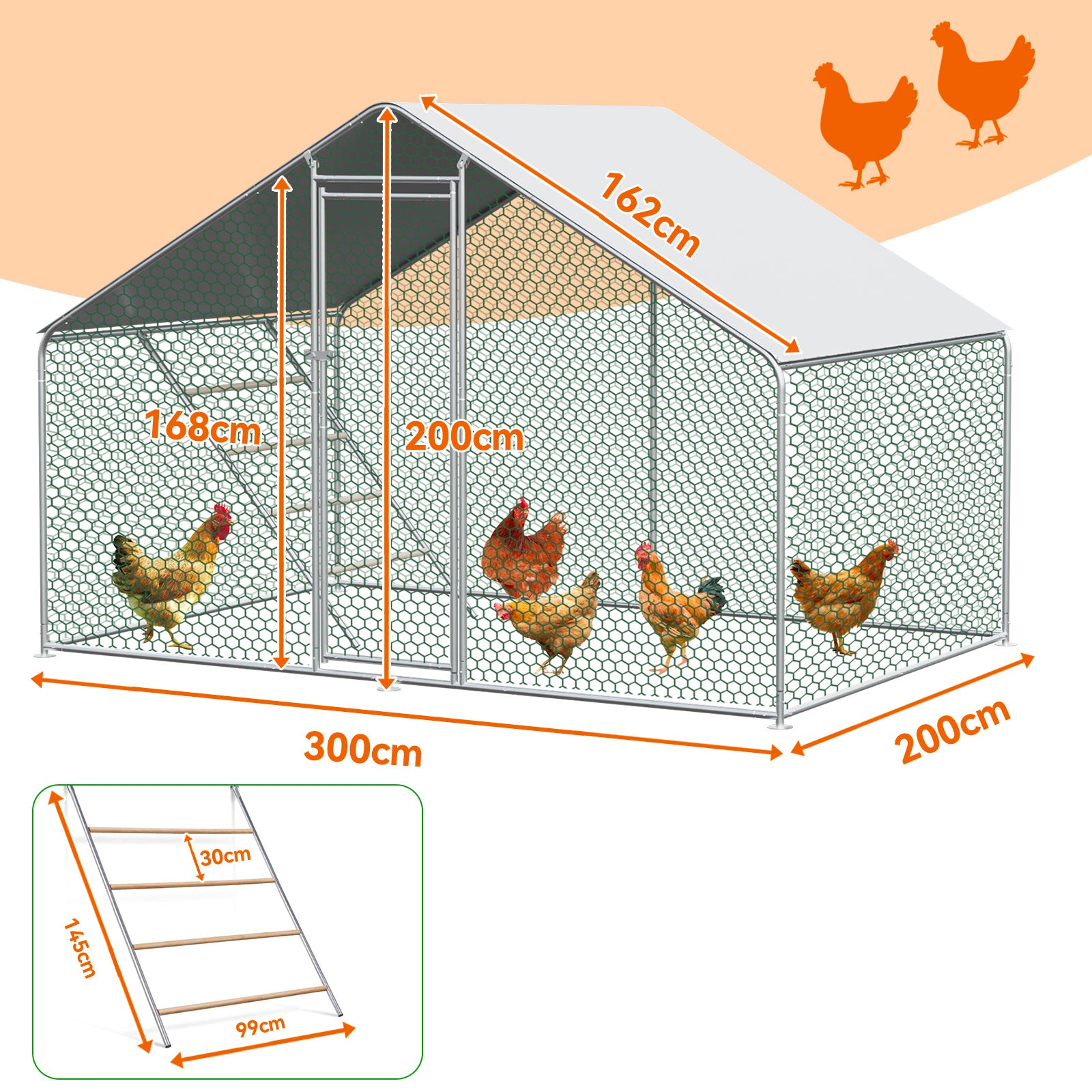 Chicken Run, 3x2x2m Safety Lock Waterproof PE Cloth, Metal