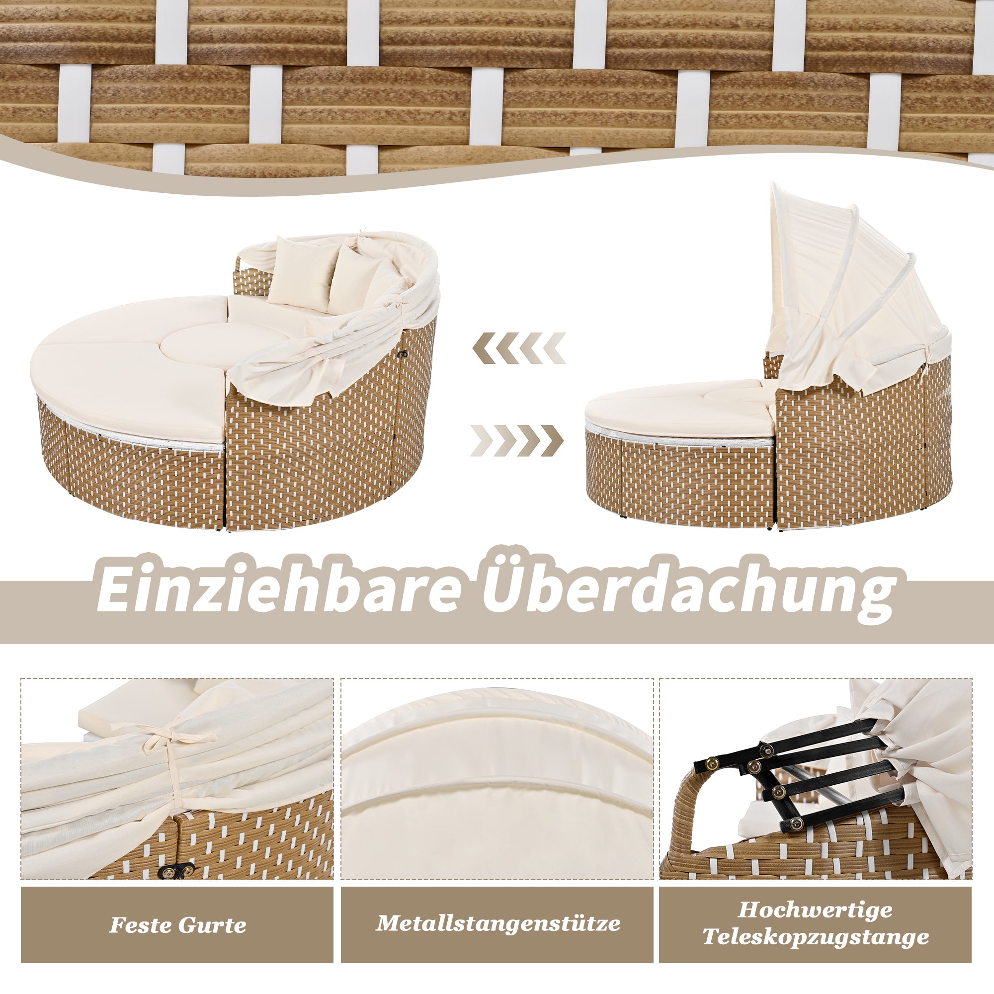 Sun Island Garden Lounge Set Rattan Extendable Canopy Liftable Table Beige