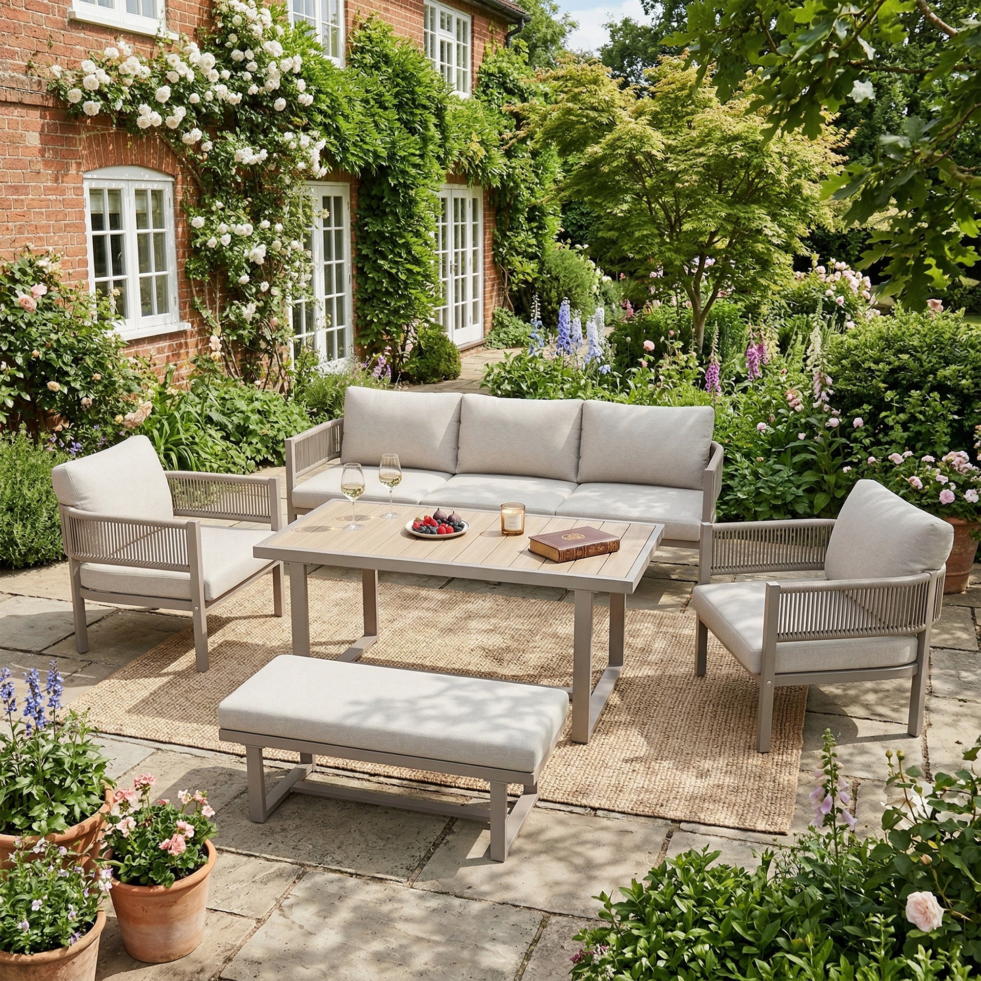 Garden Lounge Set with 3-Seater Sofa, 2 Armchairs, Bench and Dining Table, Beige PE Woven Rope and WPC Tabletop