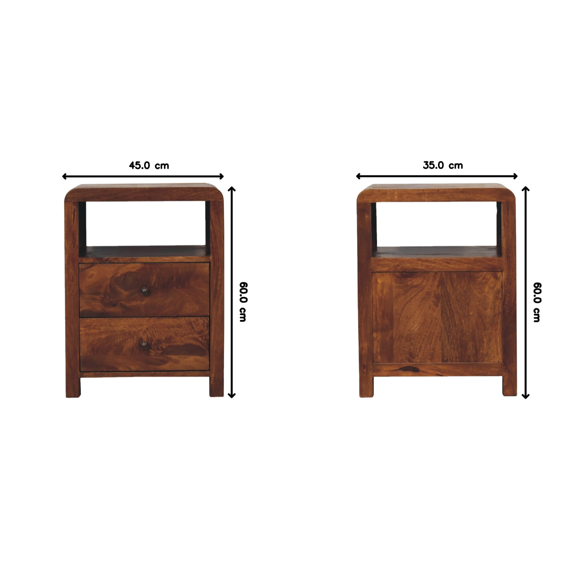 Solid Wood Aspen Bedside: 2 Drawers, 1 Open Slot - Dark Brown