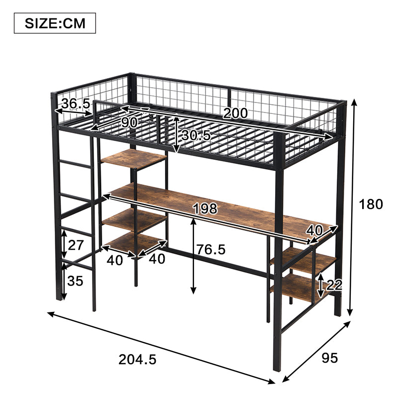 Iron Bunk Bed 90x200cm with Table Shelf Ladder for Children/Teens, Black/Dark Wood Color, Iron/Chipboard