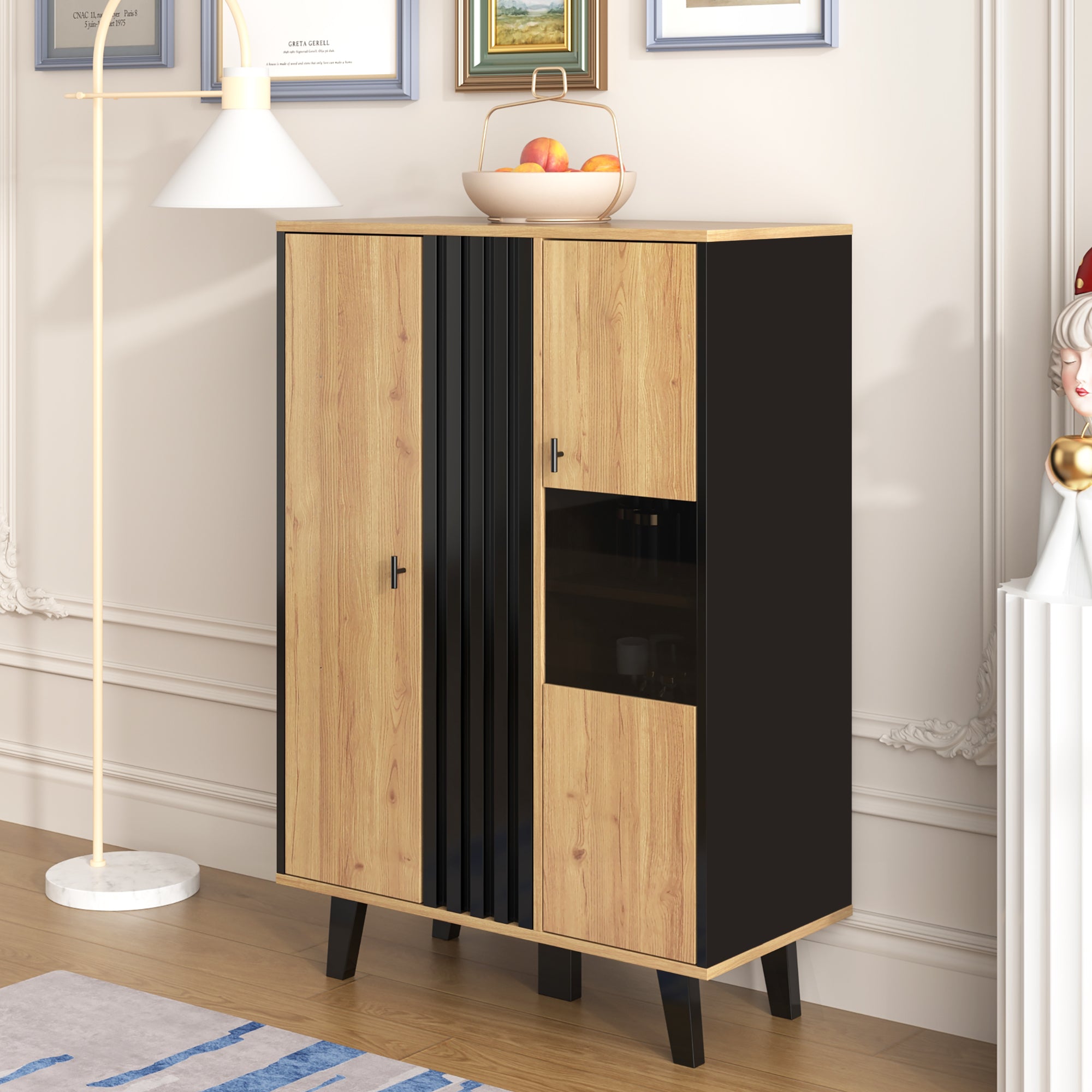 Sideboard, Display Cabinet with Glass and LED Lighting, Black and Wood