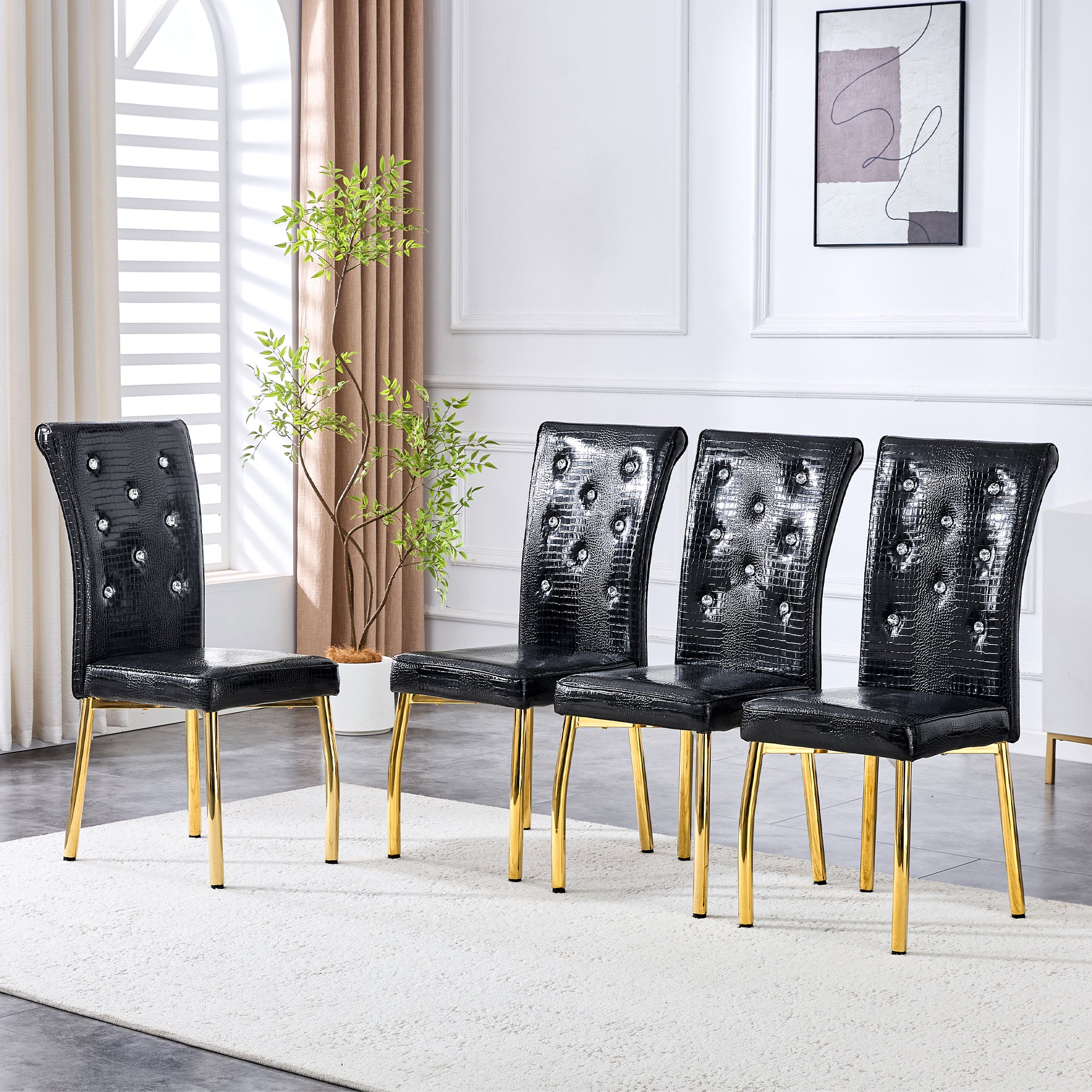 Dining Chairs, Set of 2 Retro Alligator-Skin Upholstered with Crystal Buckle Design, Gold-Plated Metal Legs, Faux Leather