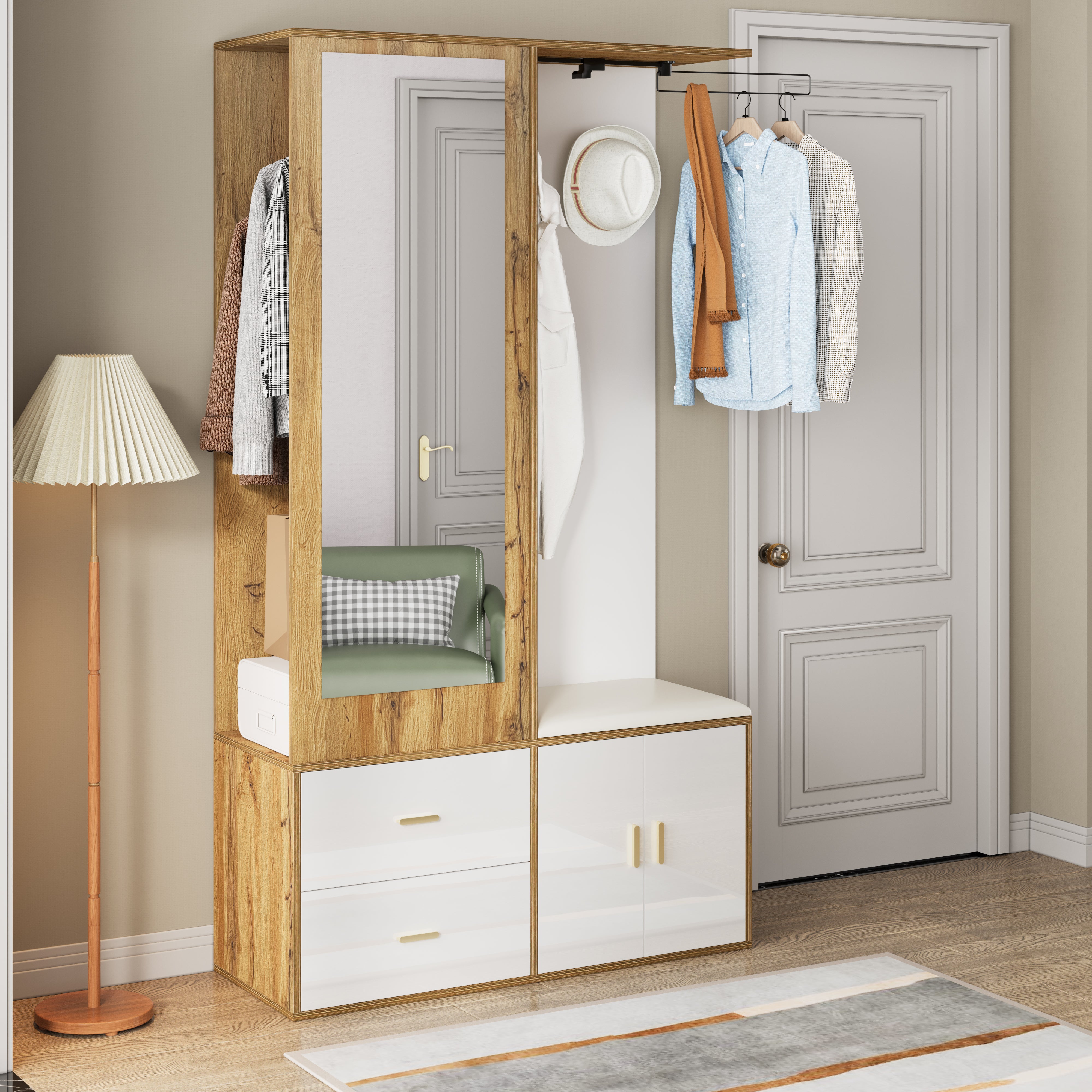 Wardrobe Set with Mirror, Shoe Cabinet & Bench, White and Wood