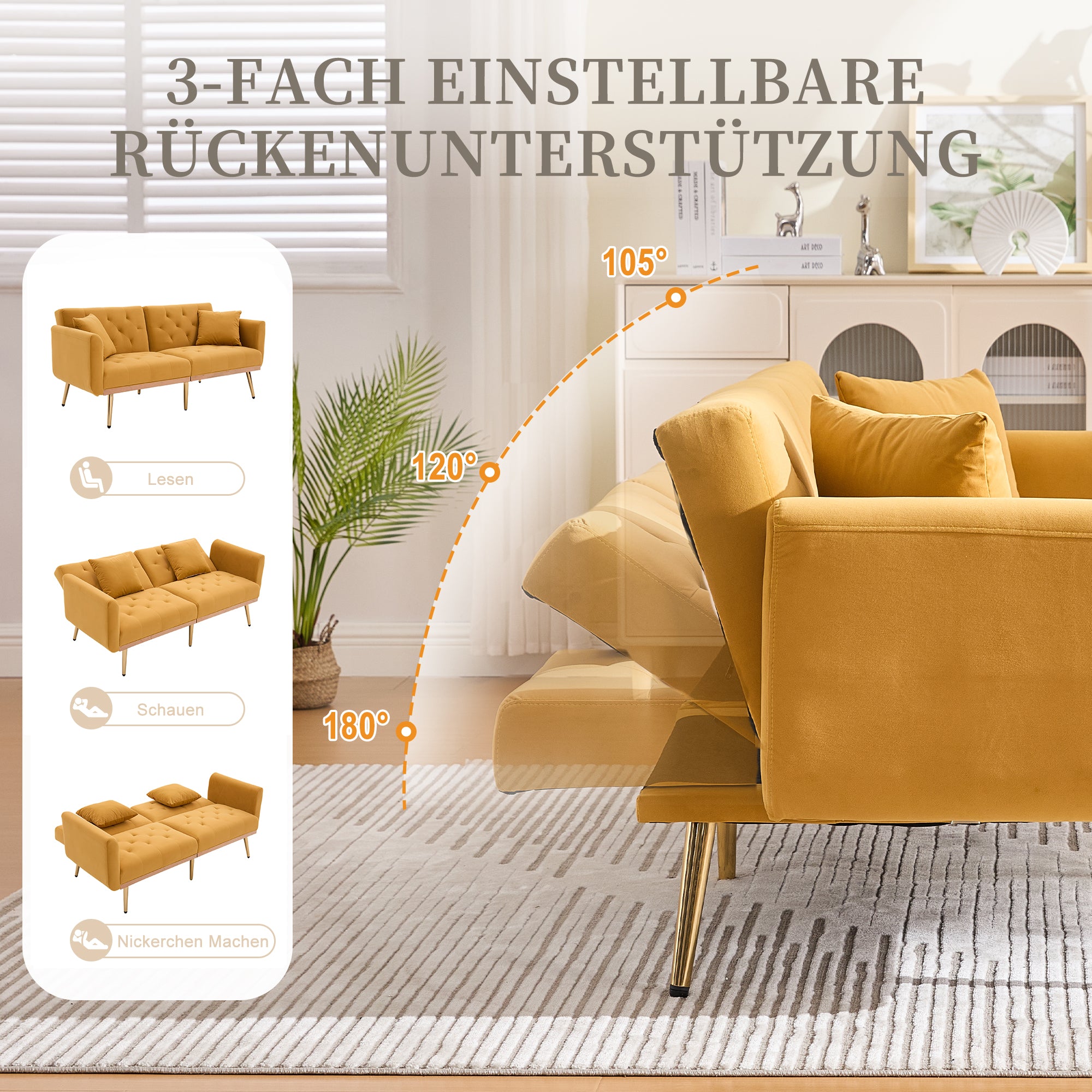 Double Sofa, Modern Velvet with Adjustable Backrest, Mustard Yellow