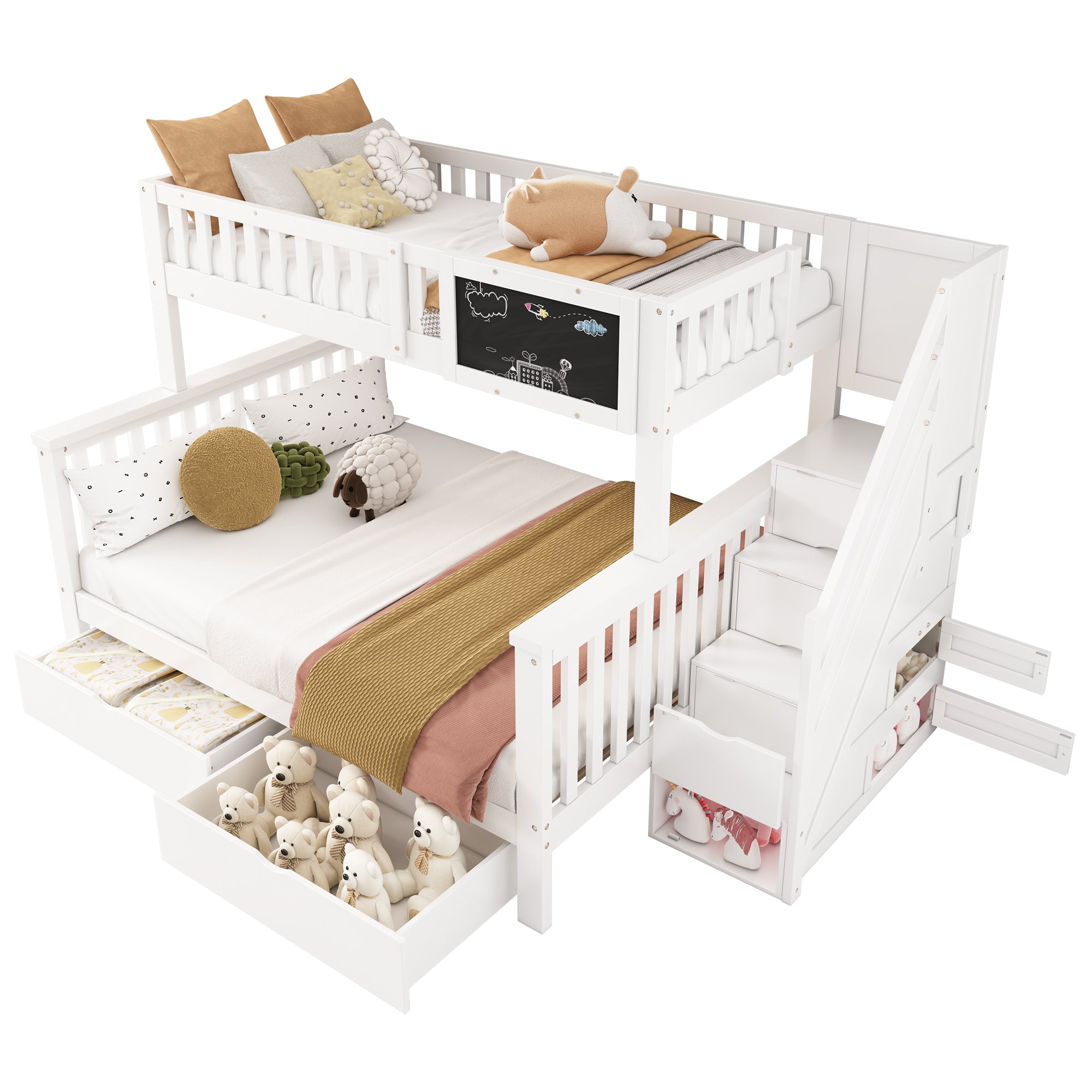 N634P250627W Bunk Bed with Chalkboard, Safety Rail, and Storage Drawers