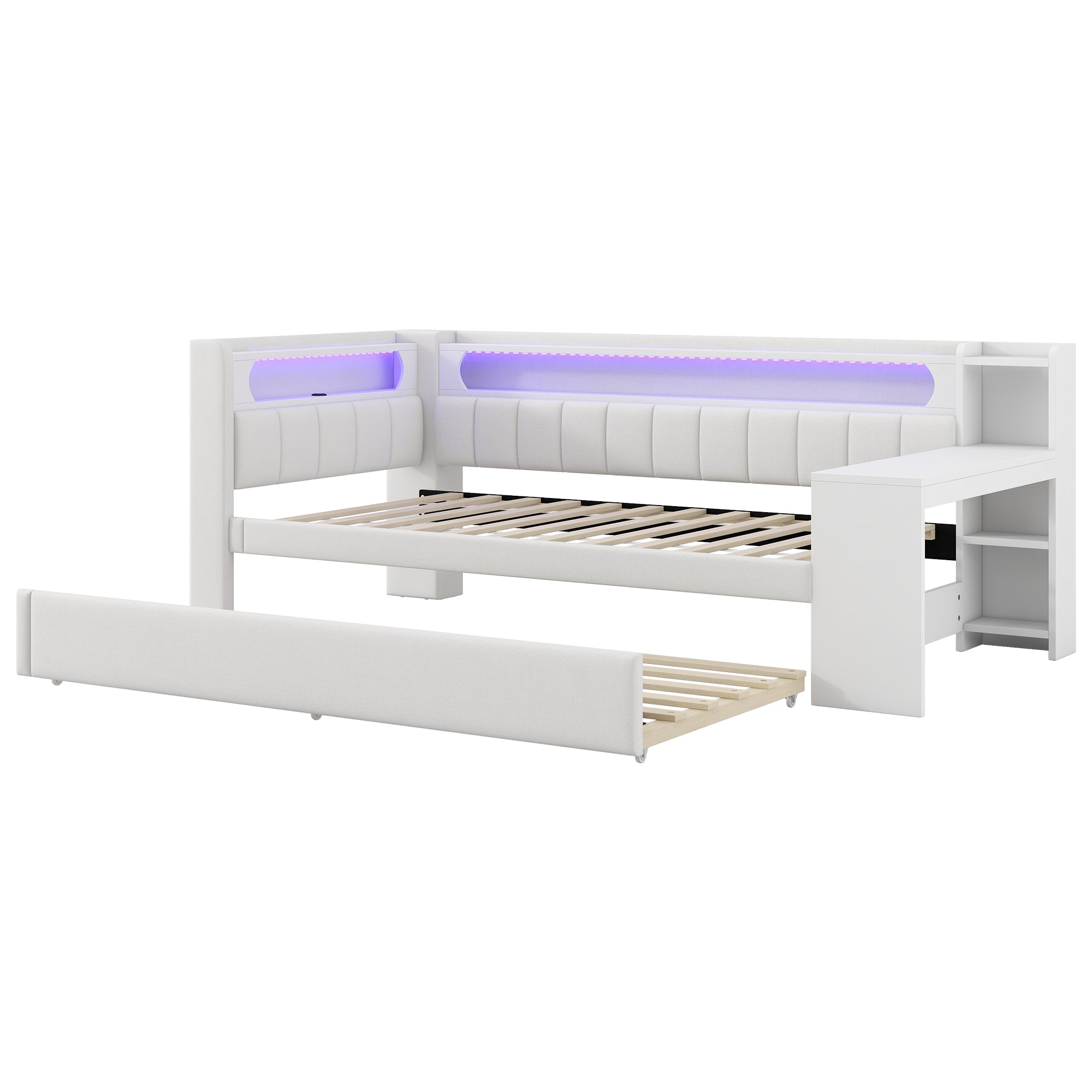 Daybed Upholstered 90x200cm Pull-out Bed Desk LED USB - White