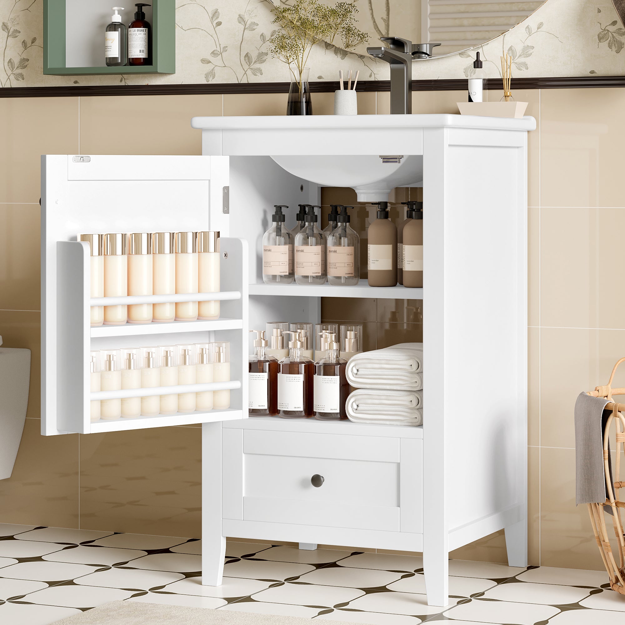 Floor-standing Bathroom Cabinet with Ceramic Sink and Storage Drawer, White