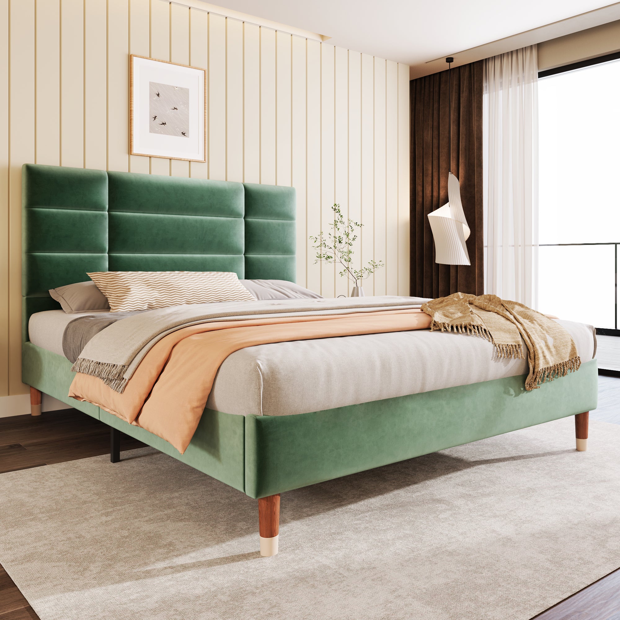 Upholstered bed, double bed with slatted frame 140x200cm, dark green velvet