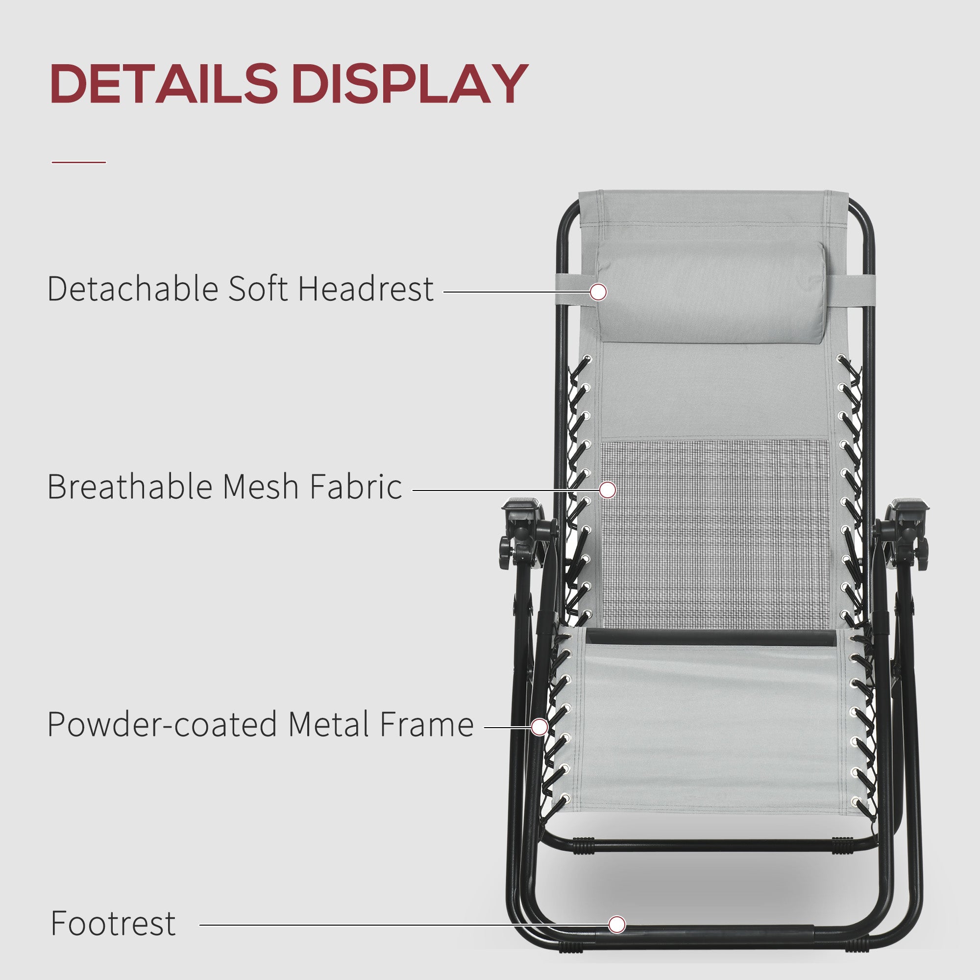 Garden Recliner Chairs Set of 2, Foldable Zero Gravity w/ Footstool and Headrest, Grey