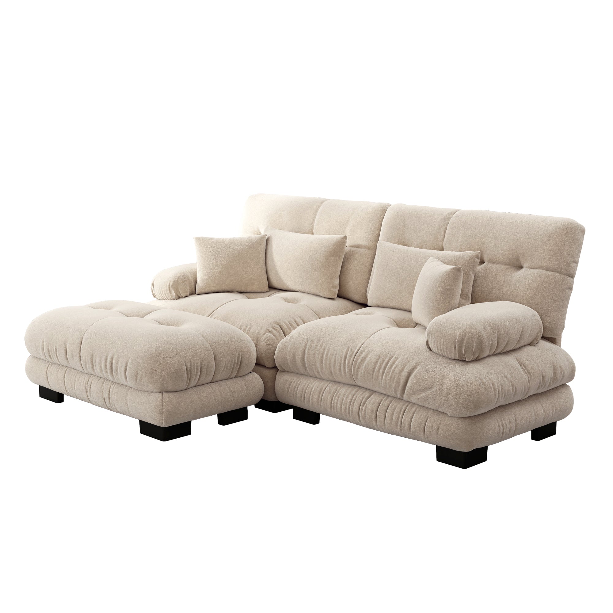 Cloud Corner Sofa, Double with Lumbar & Decorative Pillows, Ottoman, Chenille Light Brown