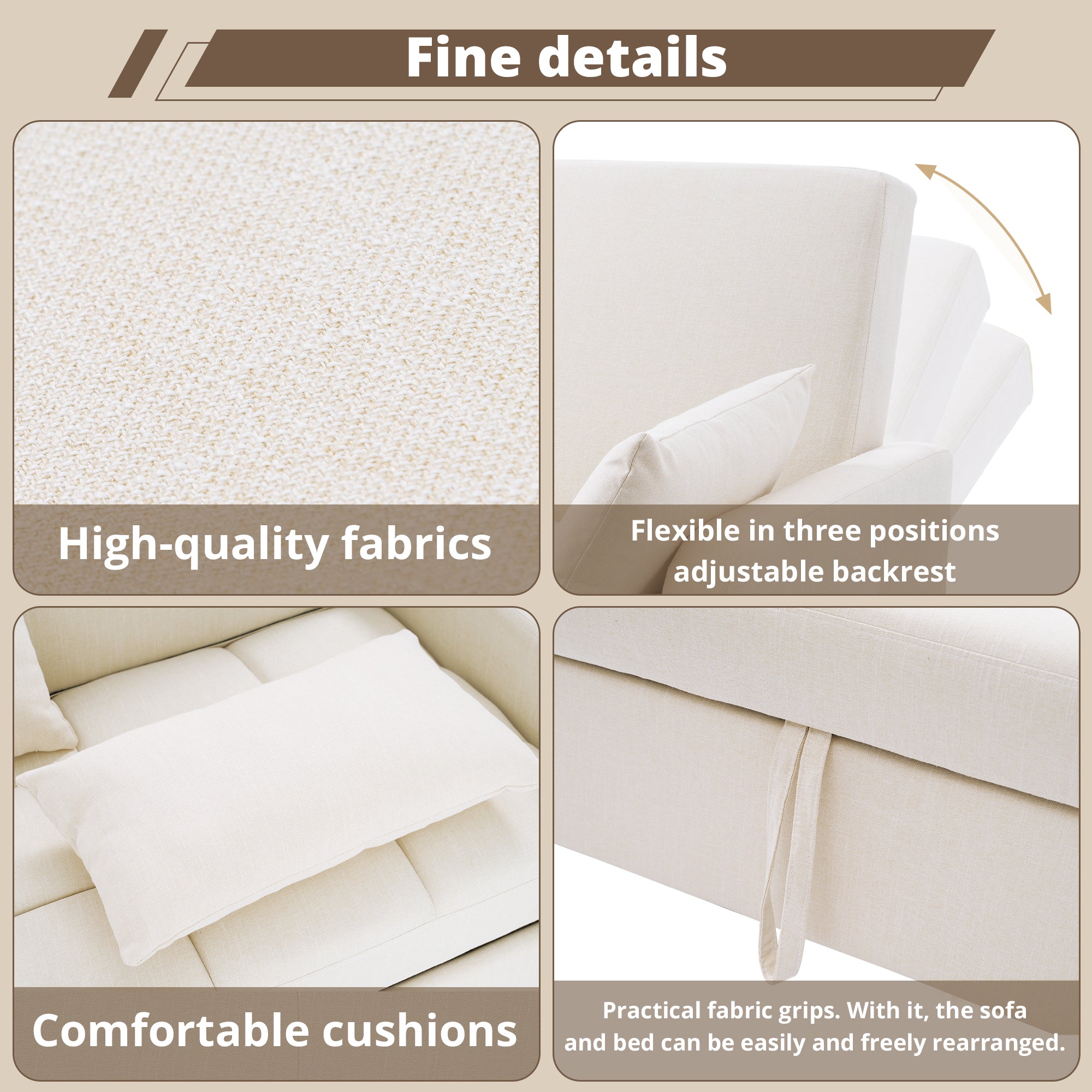 Multifunctional Sofa Bed, Folding Daybed with Adjustable Backrest, Off White