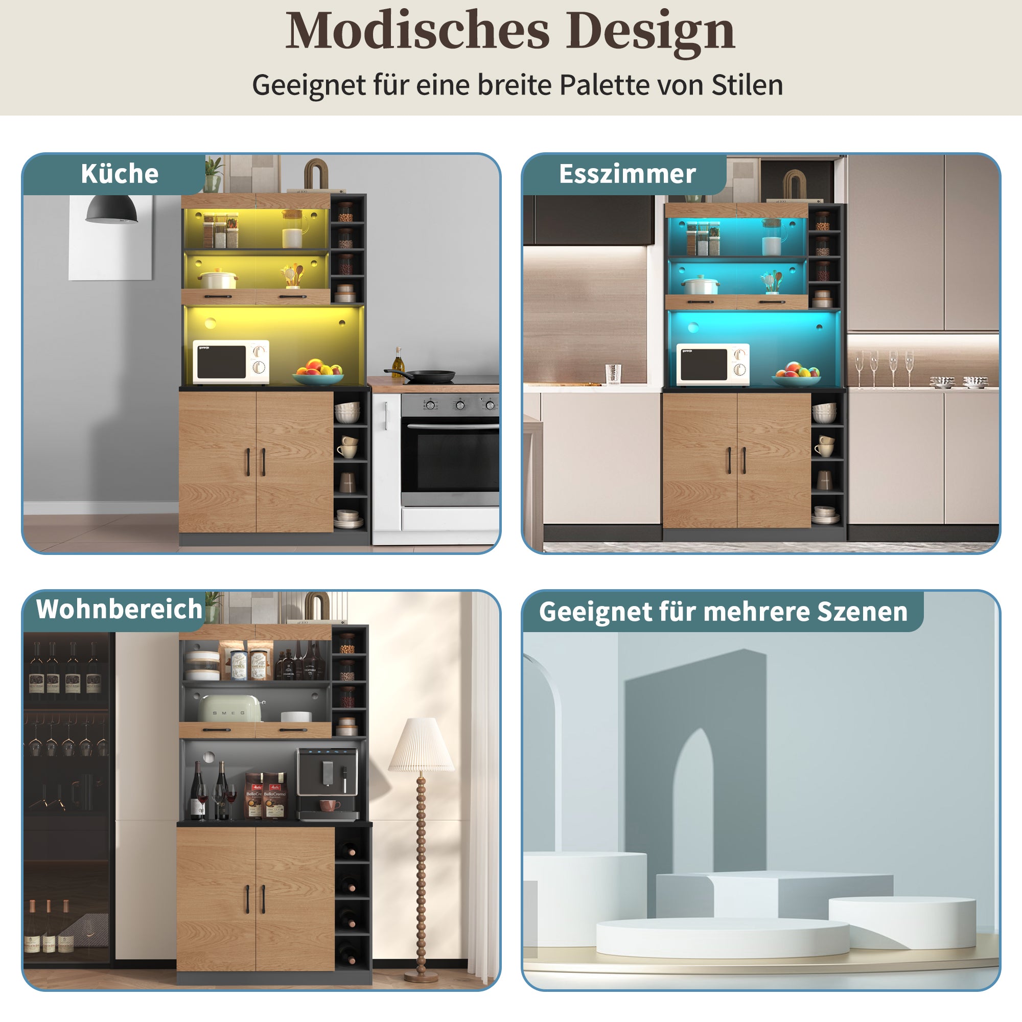 Kitchen Highboard Buffet 100x187cm LED Lighting Microwave Storage - Wooden