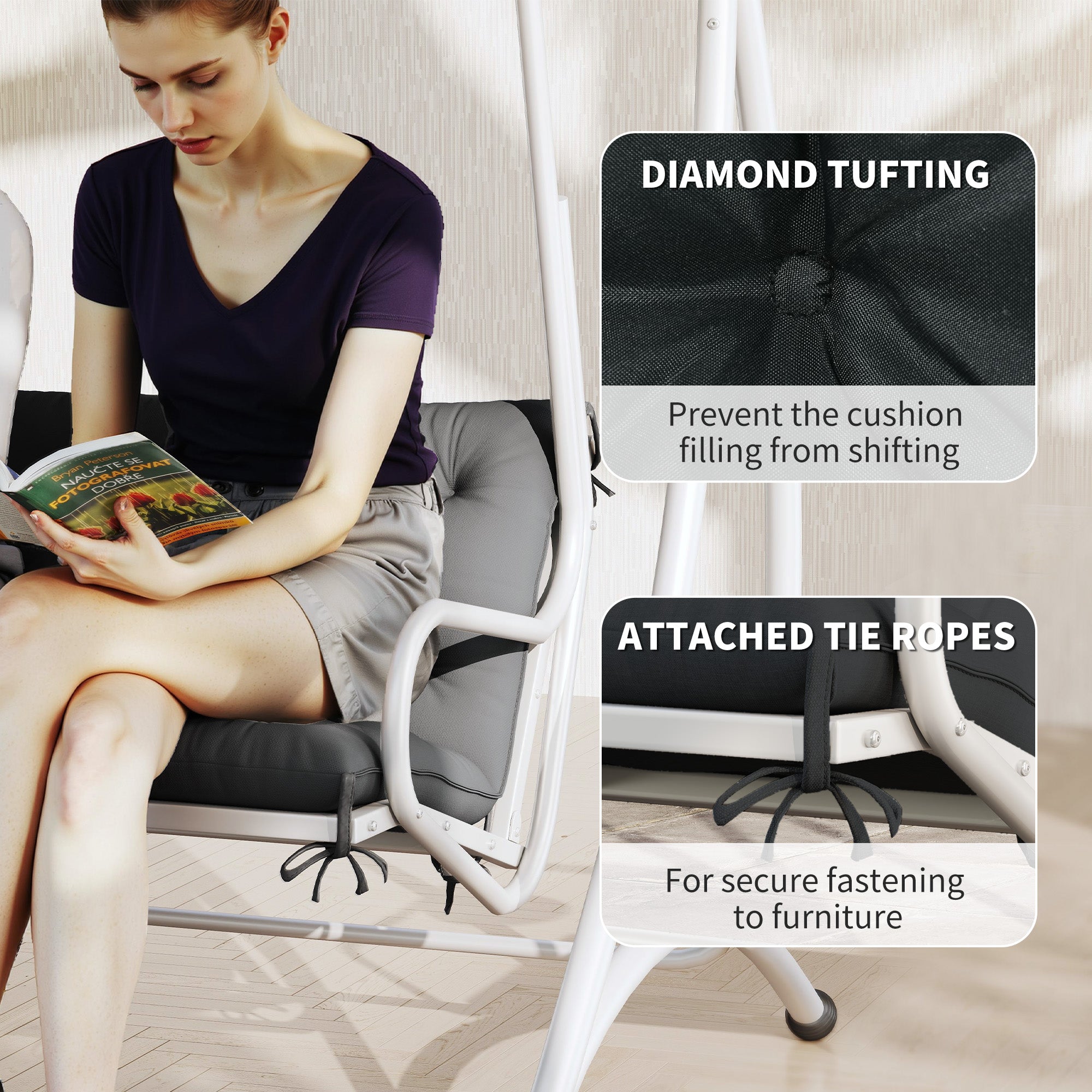 3 Seater Bench Pad Cushion with Back and Ties, Black