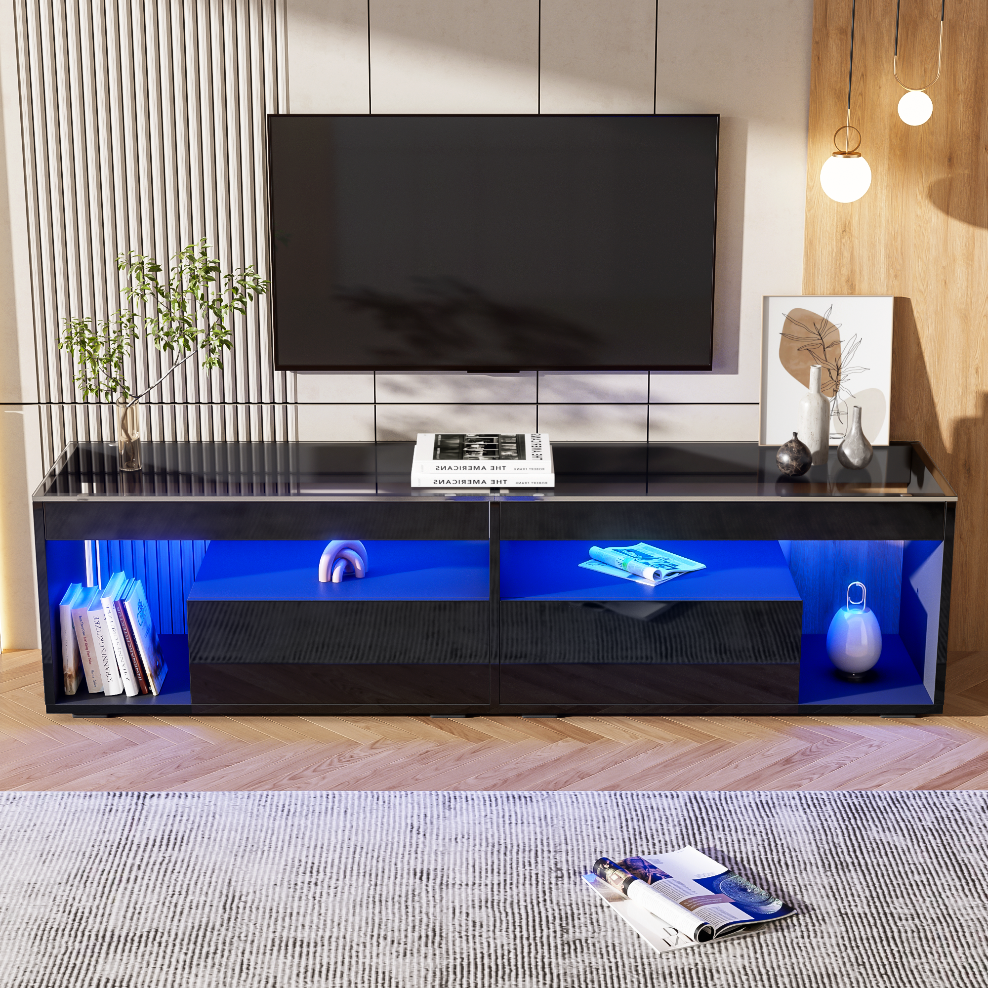 TV Cabinet, LED High-Gloss 70-inch with 2 Drawers, Black