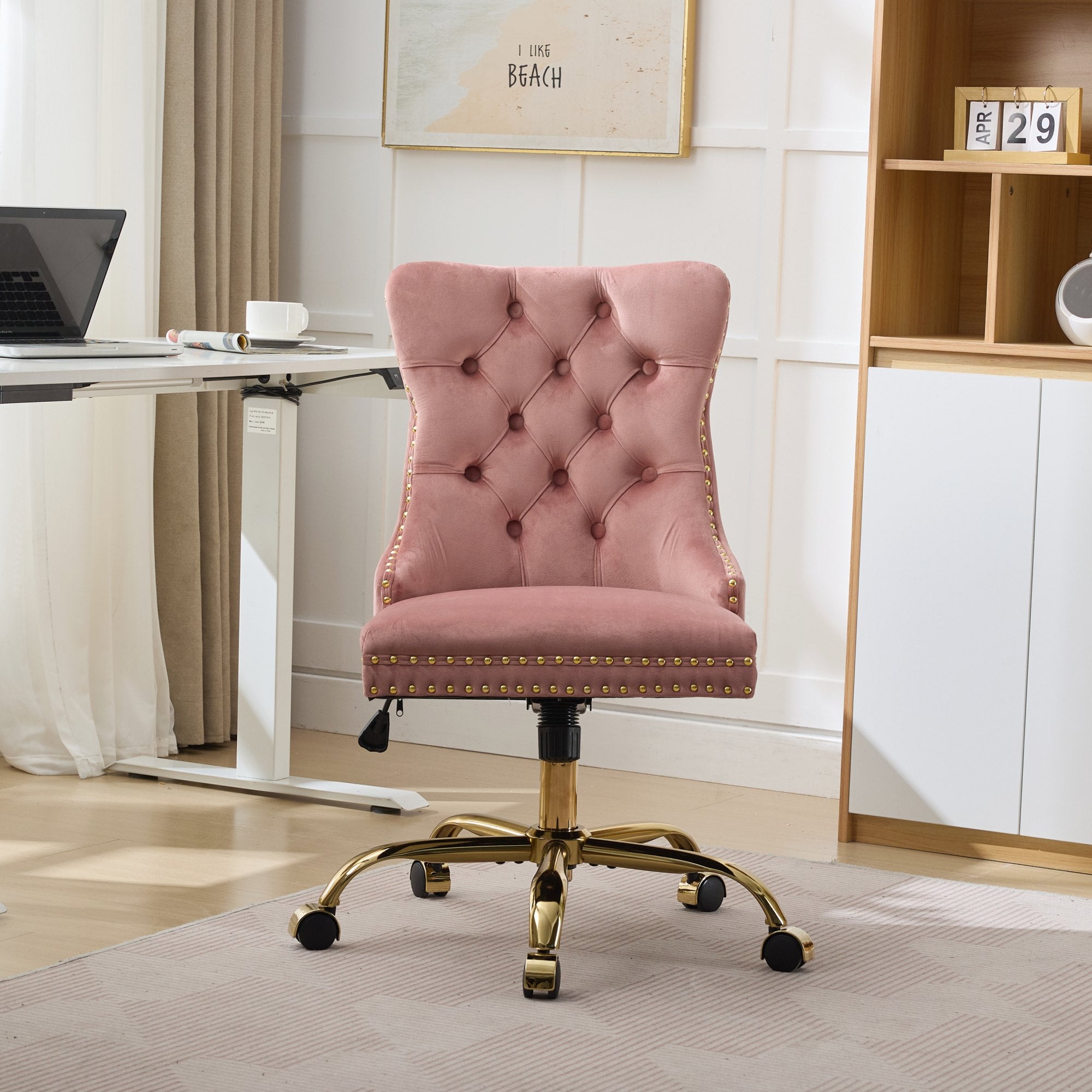 Home Office Chair Modern Velvet Upholstered Tufted Button Adjustable Swivel Golden Base - Pink