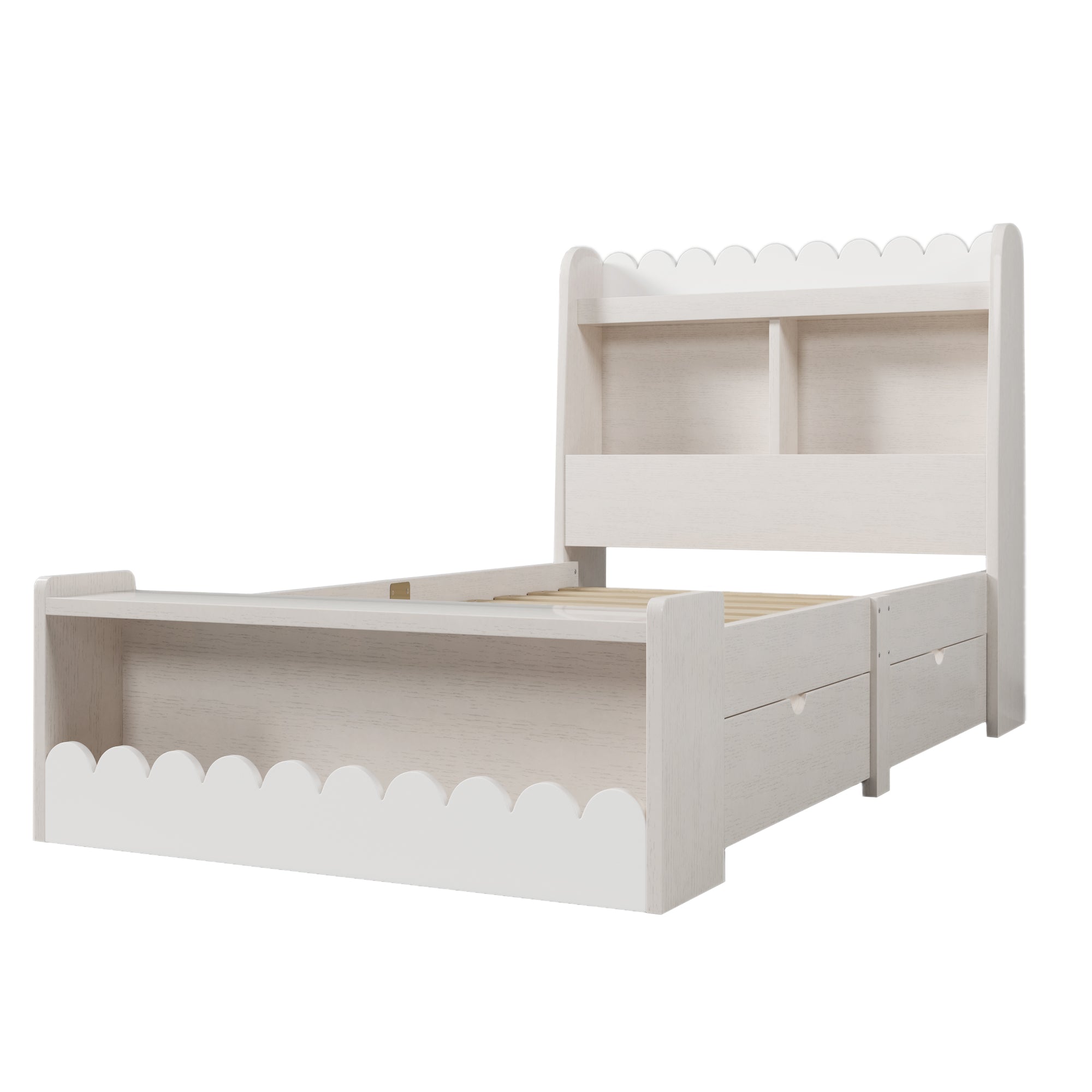 Children's Single Bed, Storage with Drawers, Shelf, Bench, Wood, White Oak