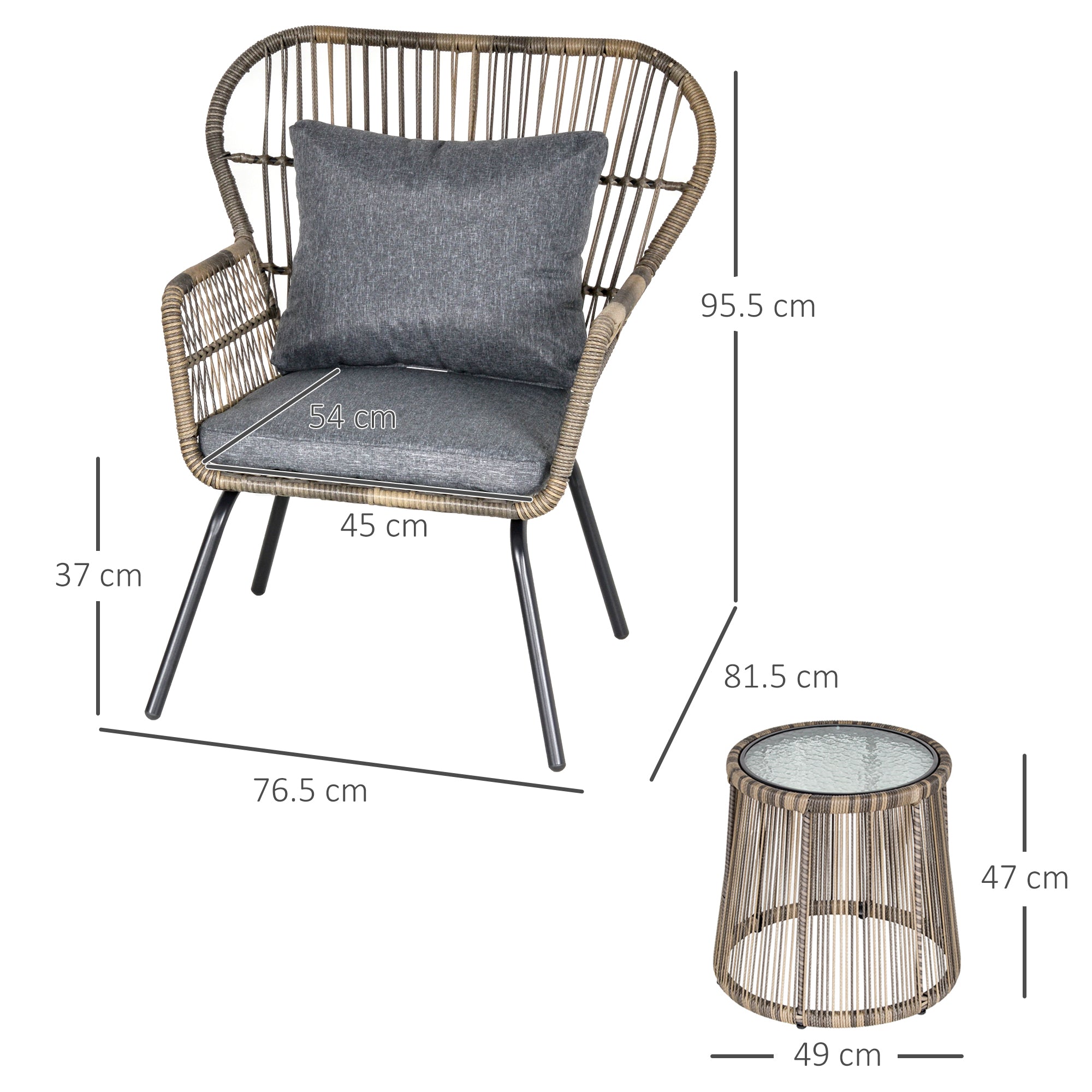 3 Pieces Rattan Bistro Set, Wicker Garden Furniture with Cushions and Glass Top Table, Grey