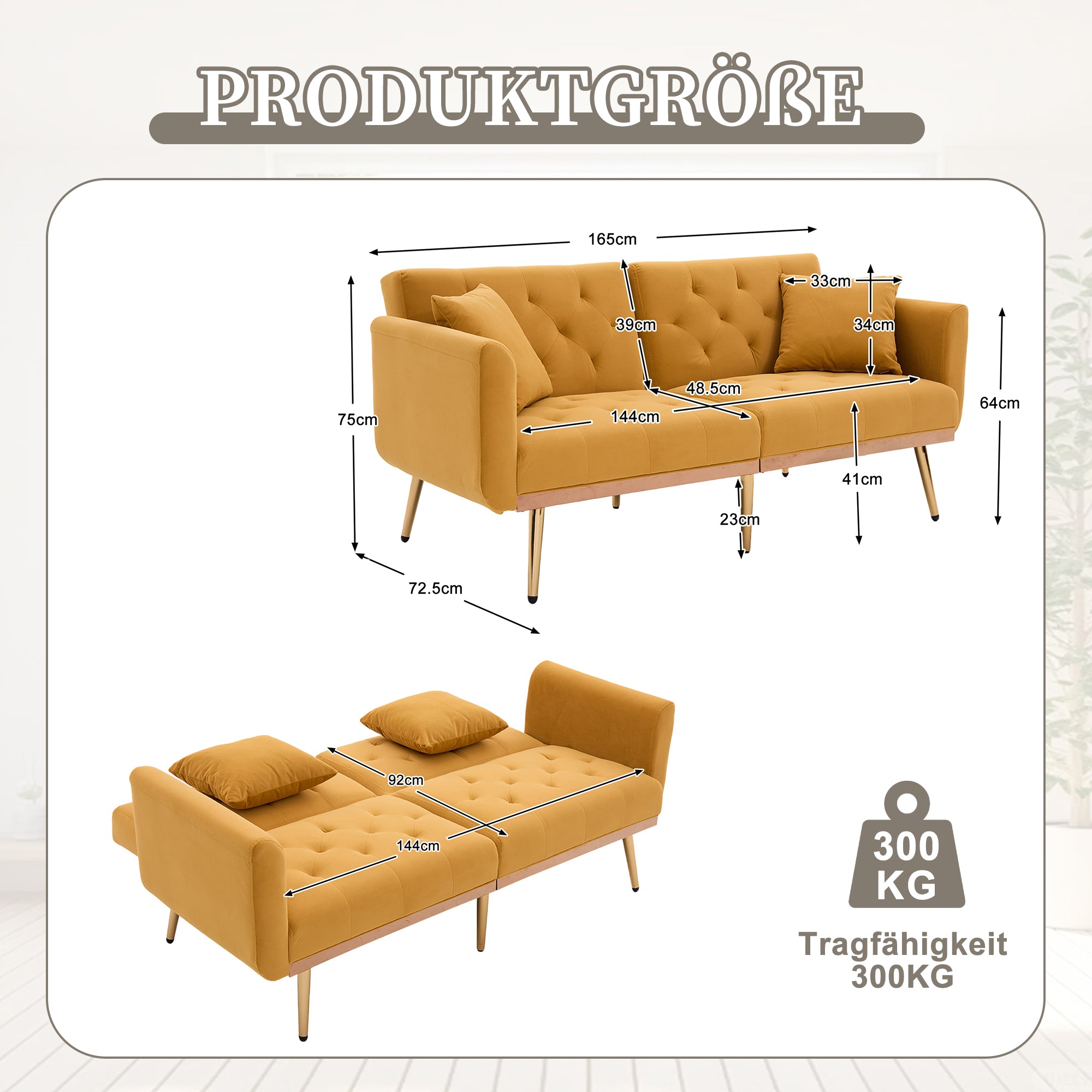 Double Sofa, Modern Velvet with Adjustable Backrest, Mustard Yellow