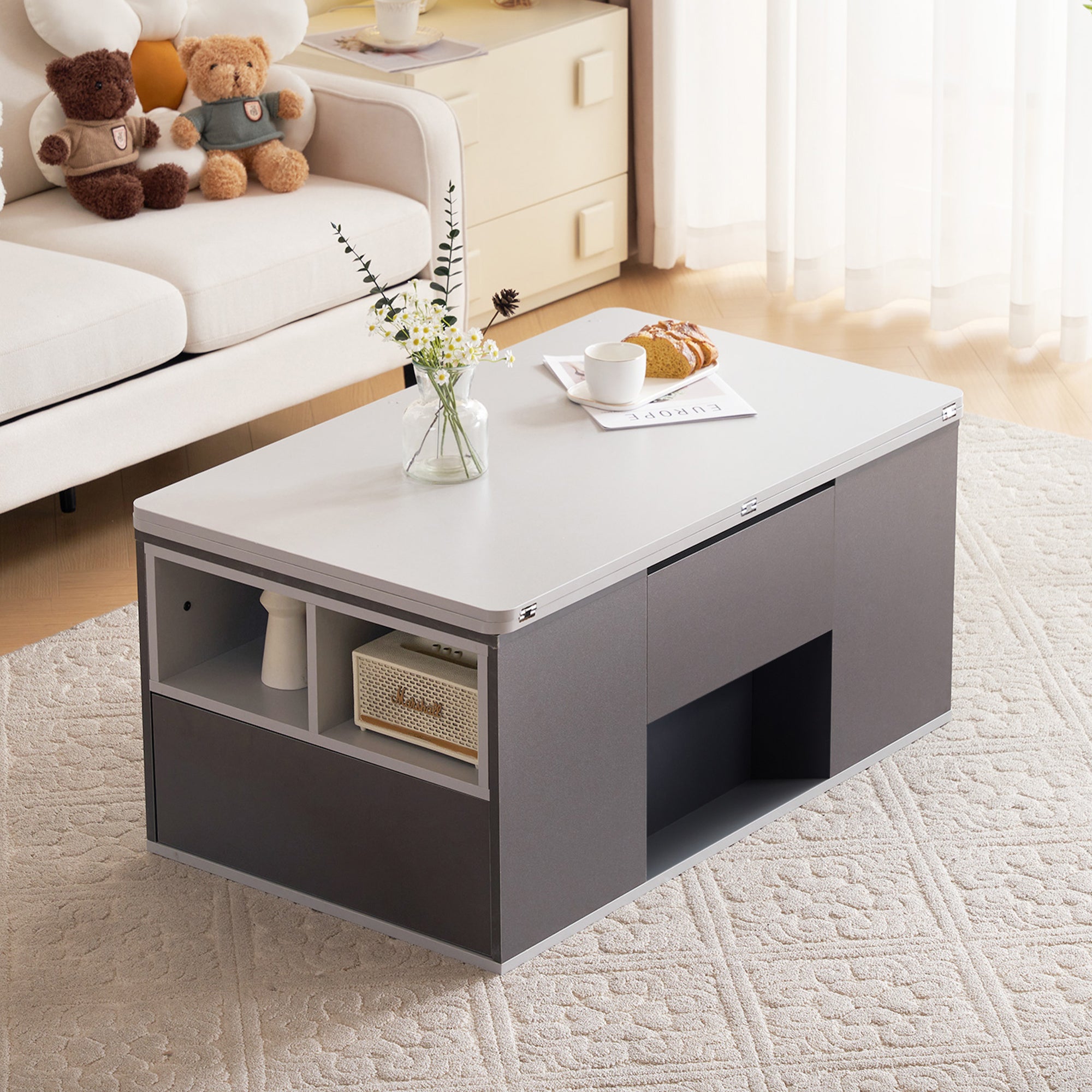 Liftable Multifunctional Coffee Table Opens to 2 Tables Large Capacity - Dark Grey/Light Grey
