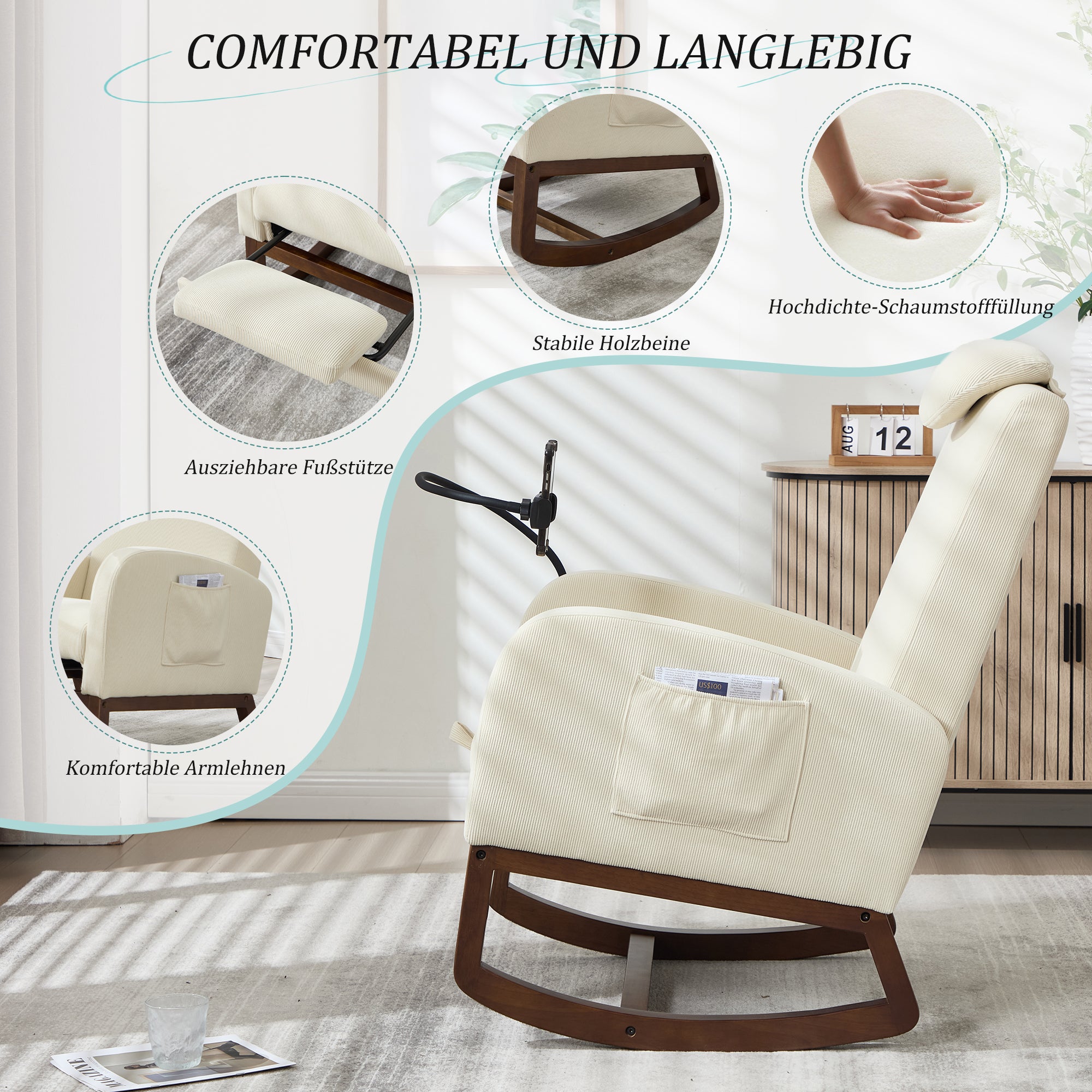 Multifunctional Rocking Chair High Backrest Extendable Footrest Corduroy