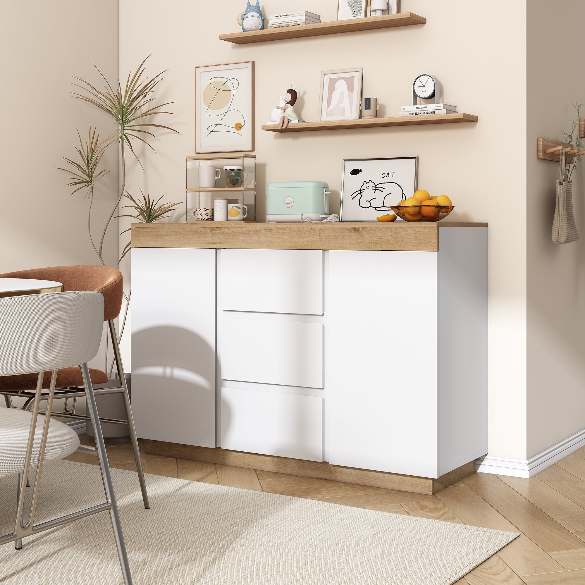 Chest of Drawers 3 Drawers 2 Doors Lockable Storage - White/Oak Chipboard