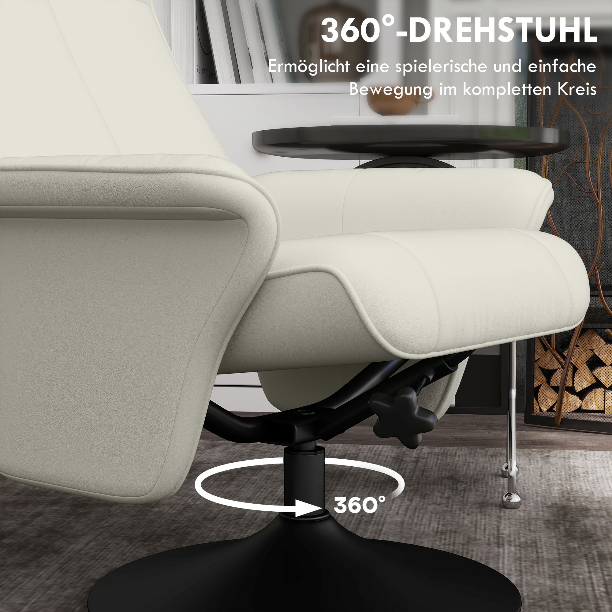 Reclining Armchair with Footstool, Swivel Lounge TV Chair, 150kg Capacity, Microfiber Fabric, Cream White