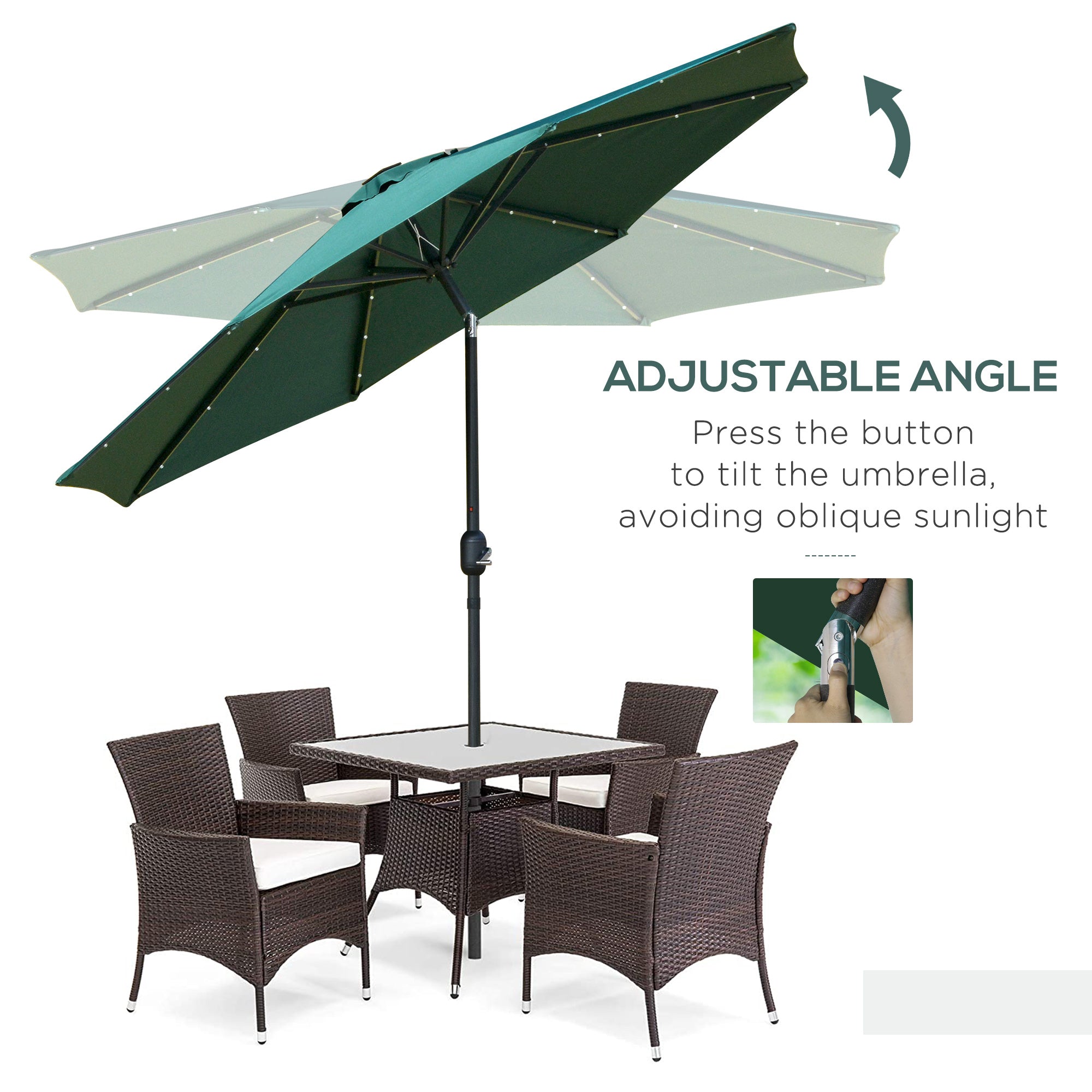 2.7m Patio Garden Parasol Umbrella with Tilt Crank and 24 LEDs Lights, Green