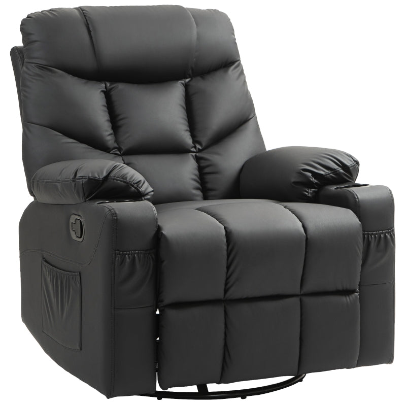 Manual Reclining Chair Swivel Armchair Footrest Cup Holders, Faux Leather Black