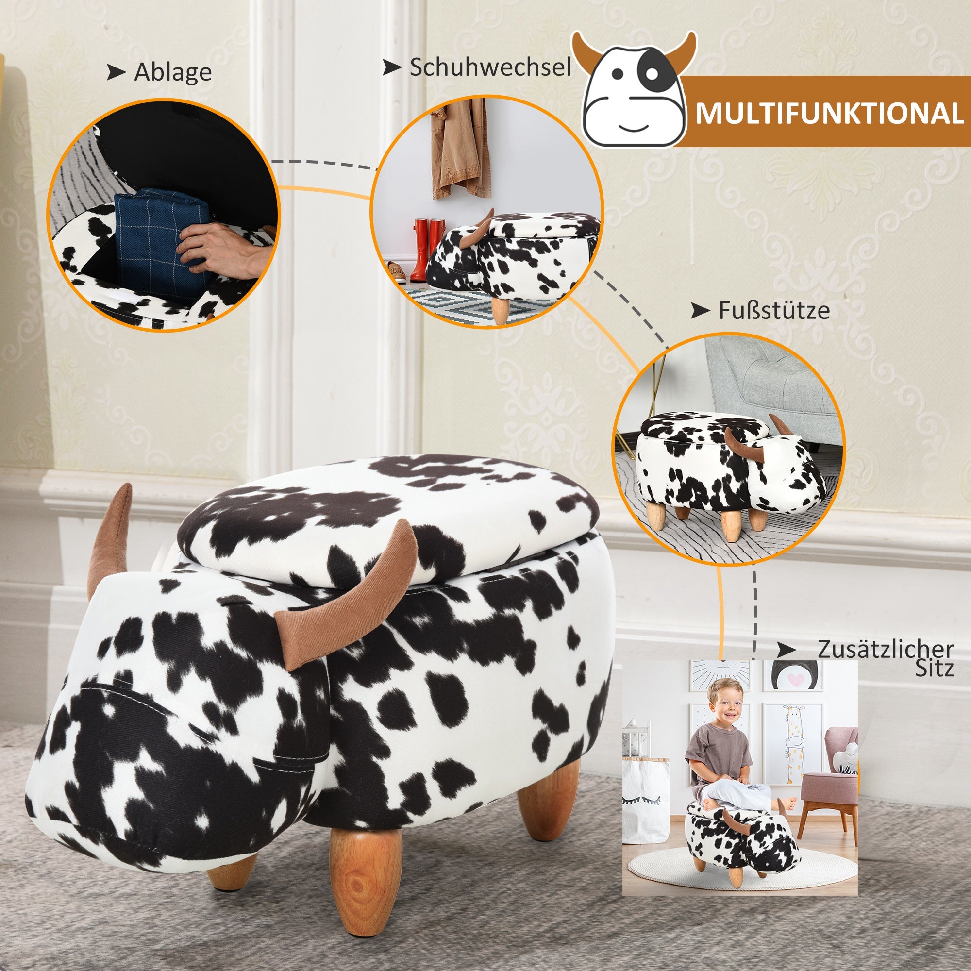 Animal Stool Piglet Upholstered Storage Decorative Black White