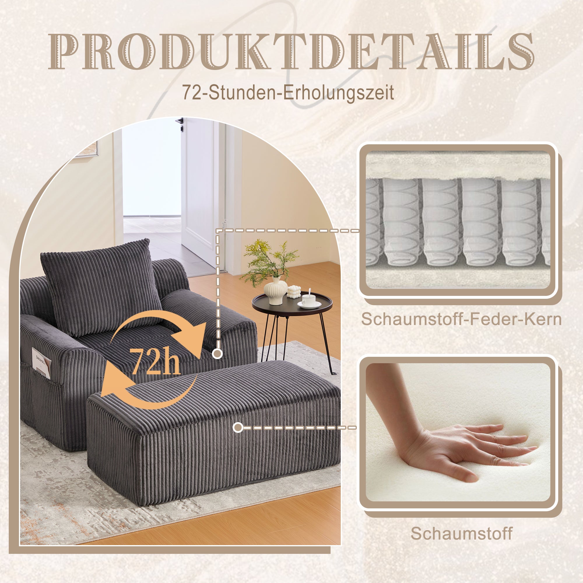 Oversized Sofa Chair Deep Seat Corduroy Upholstered Armchair