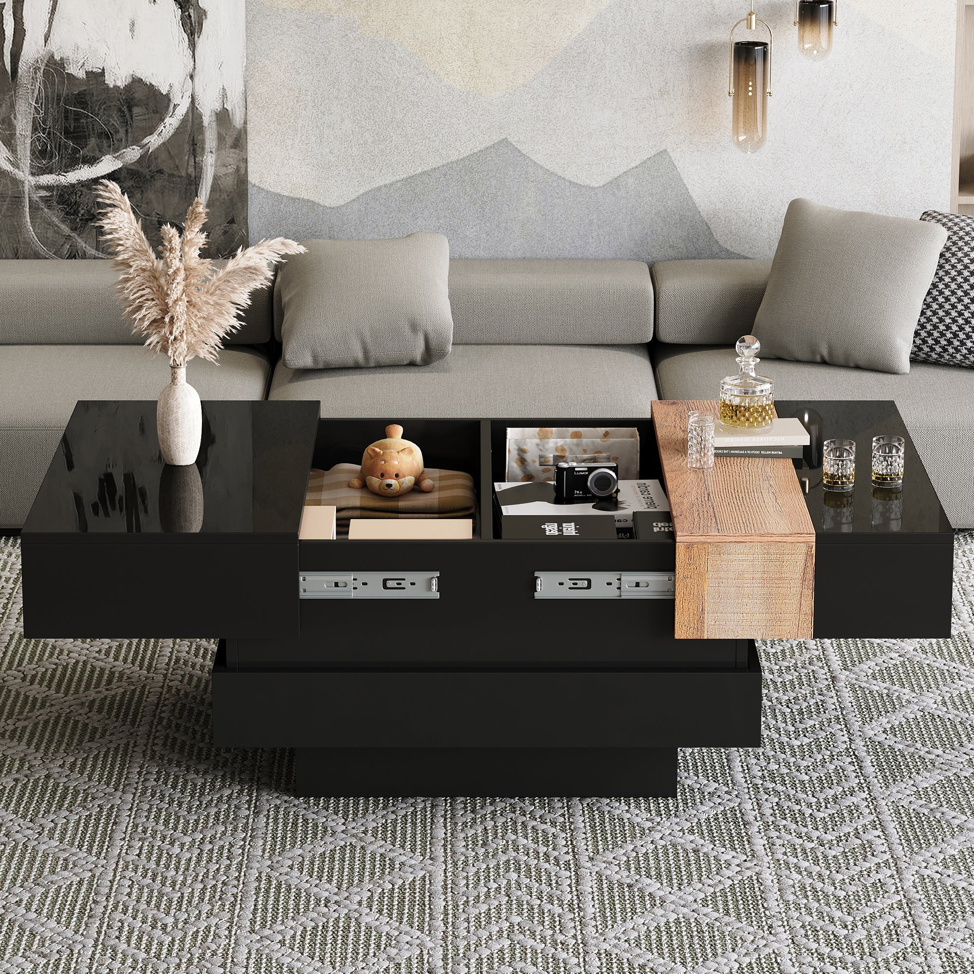Extendable Coffee Table Hidden Storage High-Gloss - Black