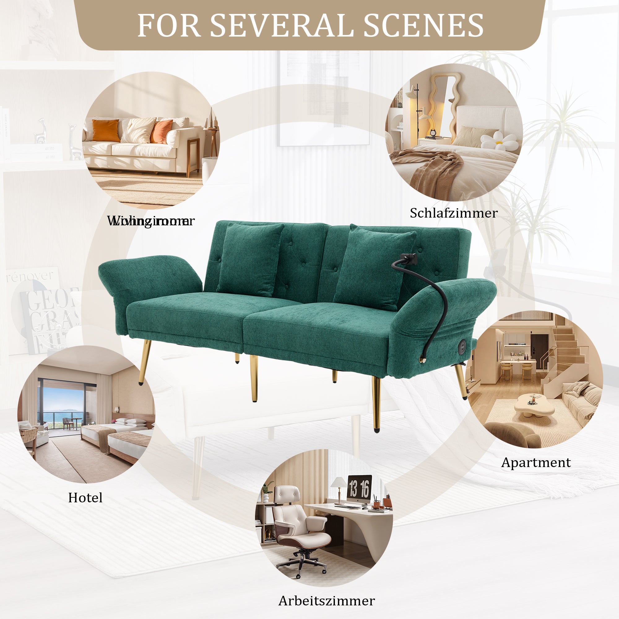 Sofa Bed, Multifunctional Folding with USB & Storage, Metal Legs