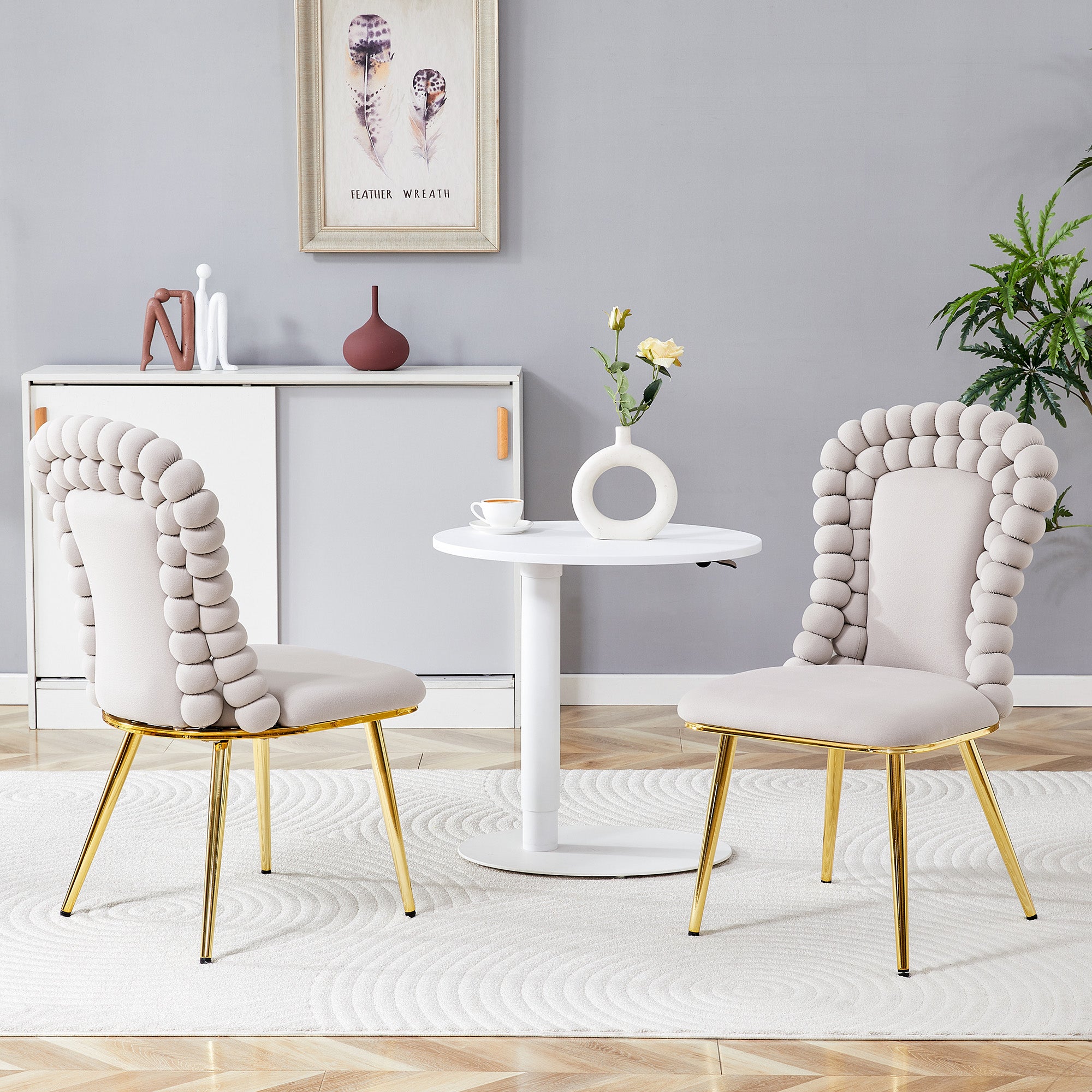 Dining Chairs (Set of 2) Ball Chain Backrest Gold-Plated Metal Legs, Light Grey Velvet