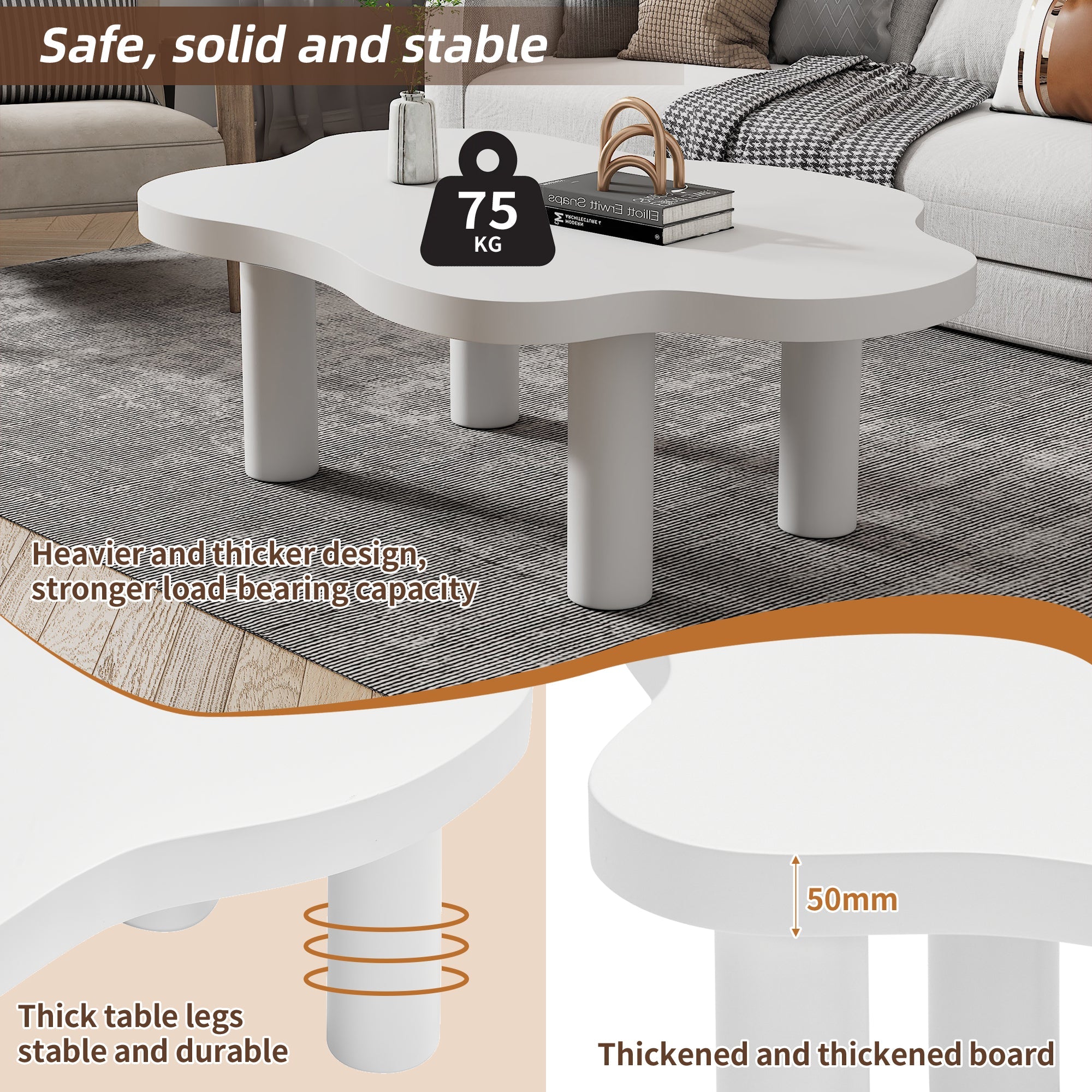 Cloud Shaped Coffee Table, Irregular Round Corner End Table, Modern White Tea Table with 4 Legs