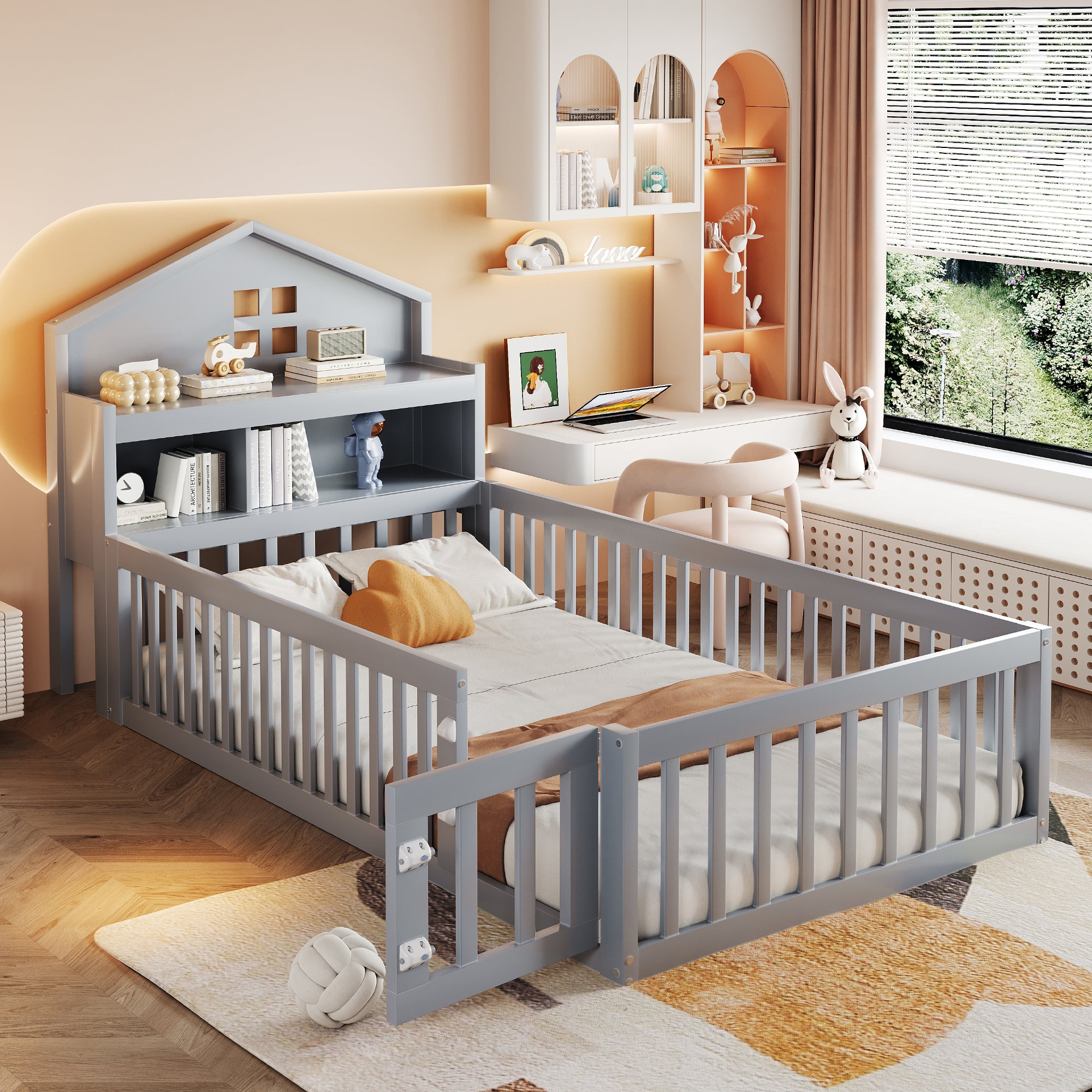 Children's Bed 90 x 200, Solid Wood Frame with Shelves, Storage, Safety Gate & Picture Rail, Grey