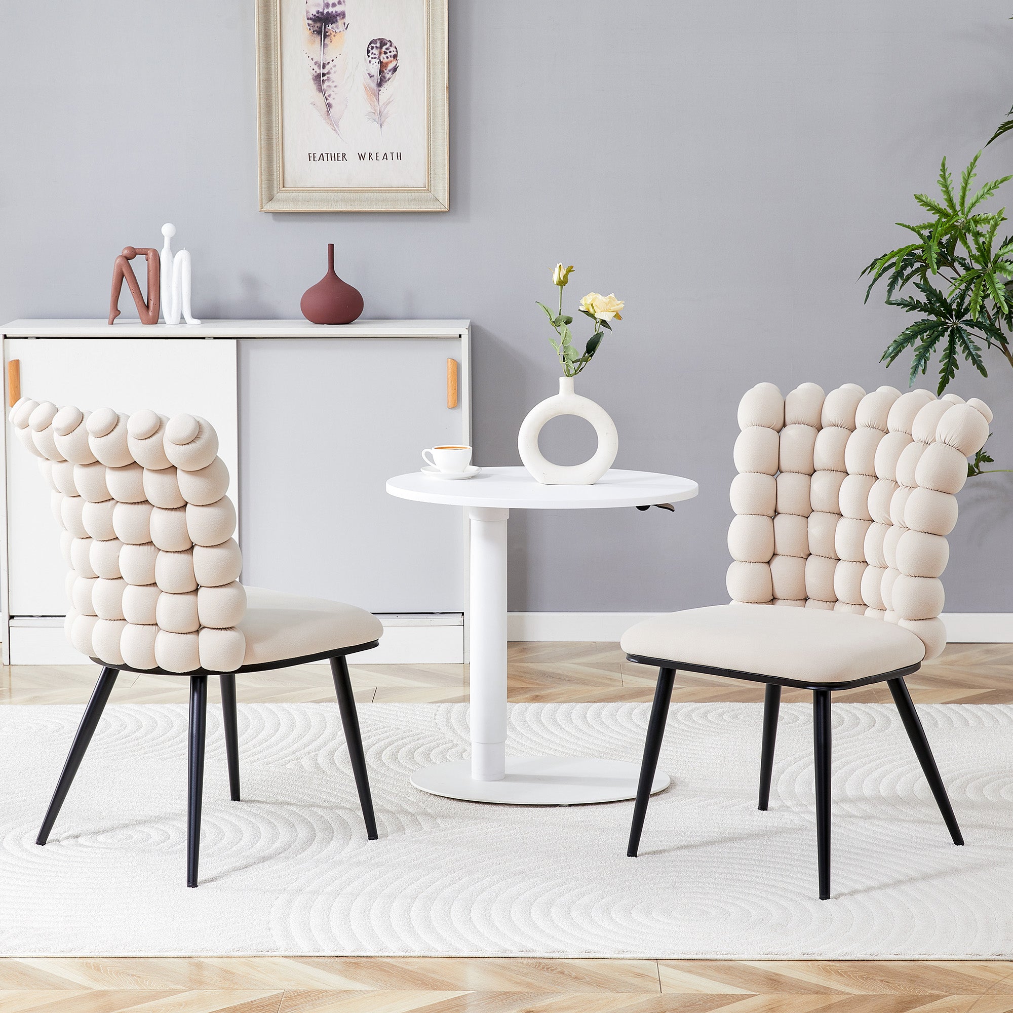 Dining Chairs (Set of 2), Ball Chain & Metal Legs, Cream-White Velvet