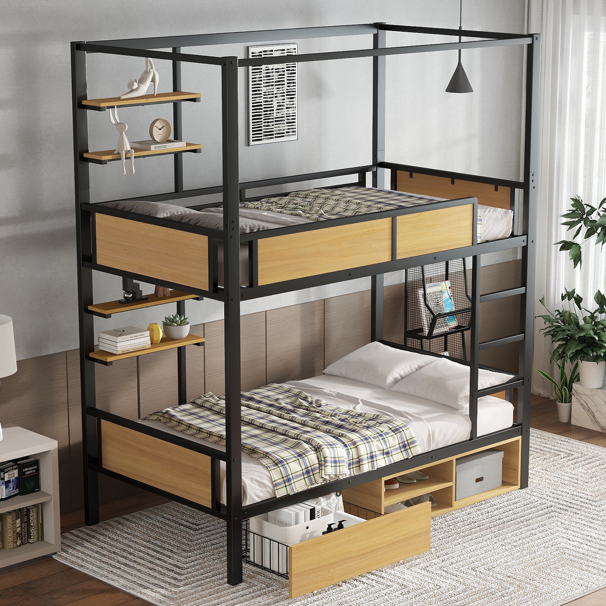 Bunk Bed, Iron & MDF, Double Shelf, Under Bed Storage, Black & Natural