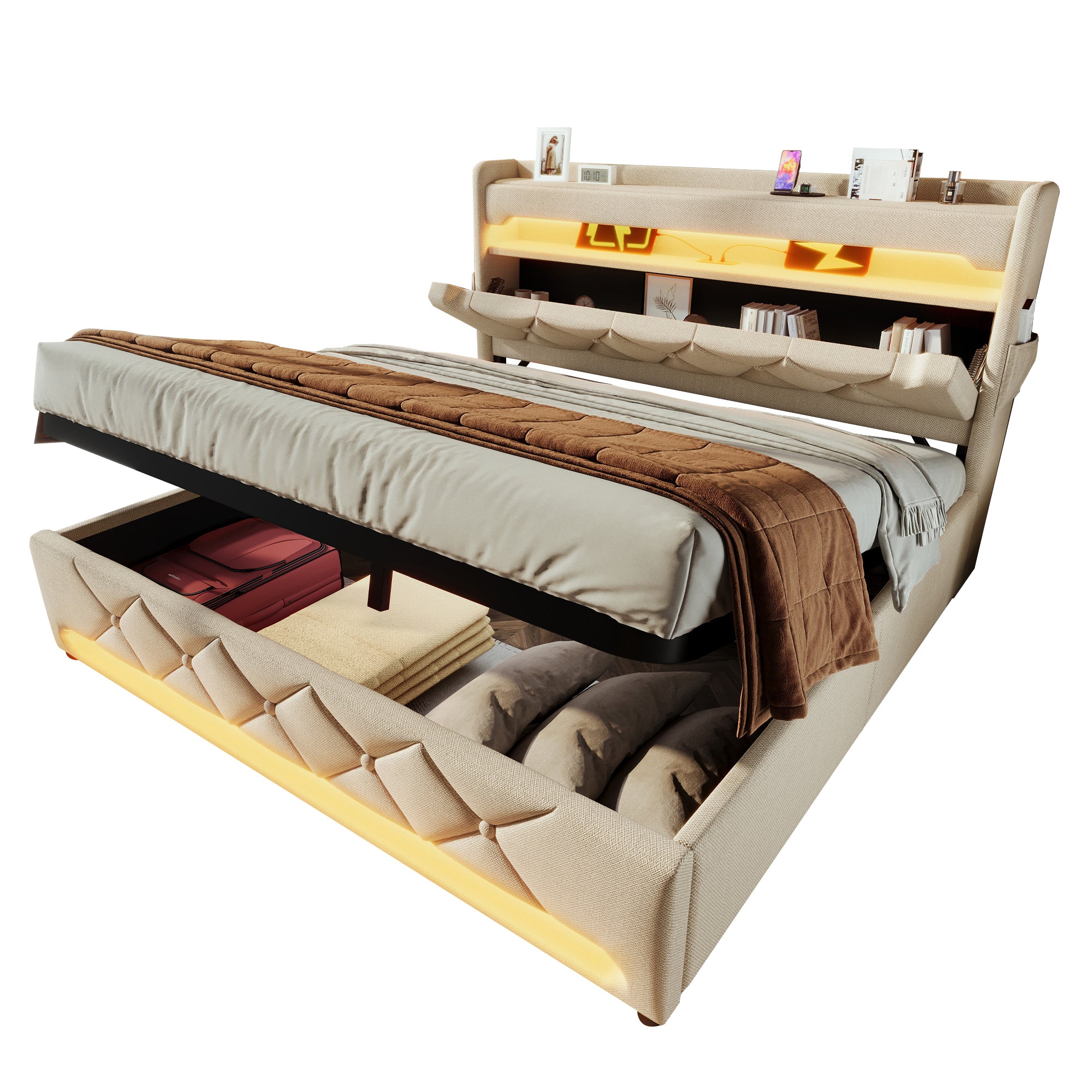 Upholstered Double Bed 160x200, Storage Headboard with USB/Type C & 360 LED, Hydraulic Lift, Beige Linen