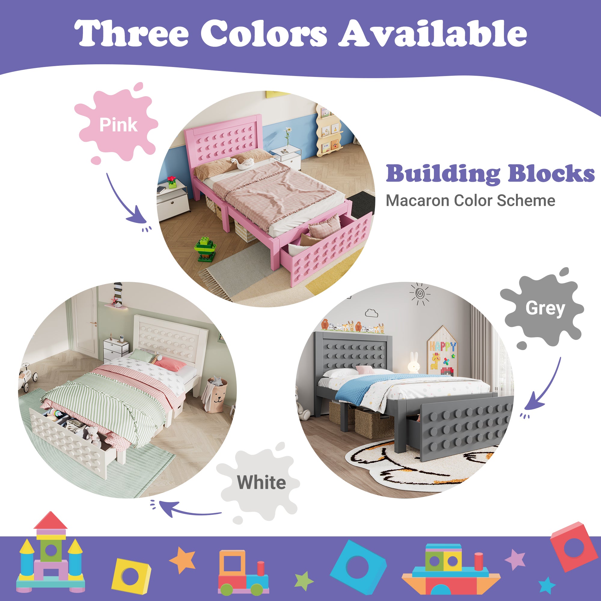 Wooden single bed 90x190cm children's bed with creative block design, solid wood frame with slatted frame, with drawers and underbed storage, white