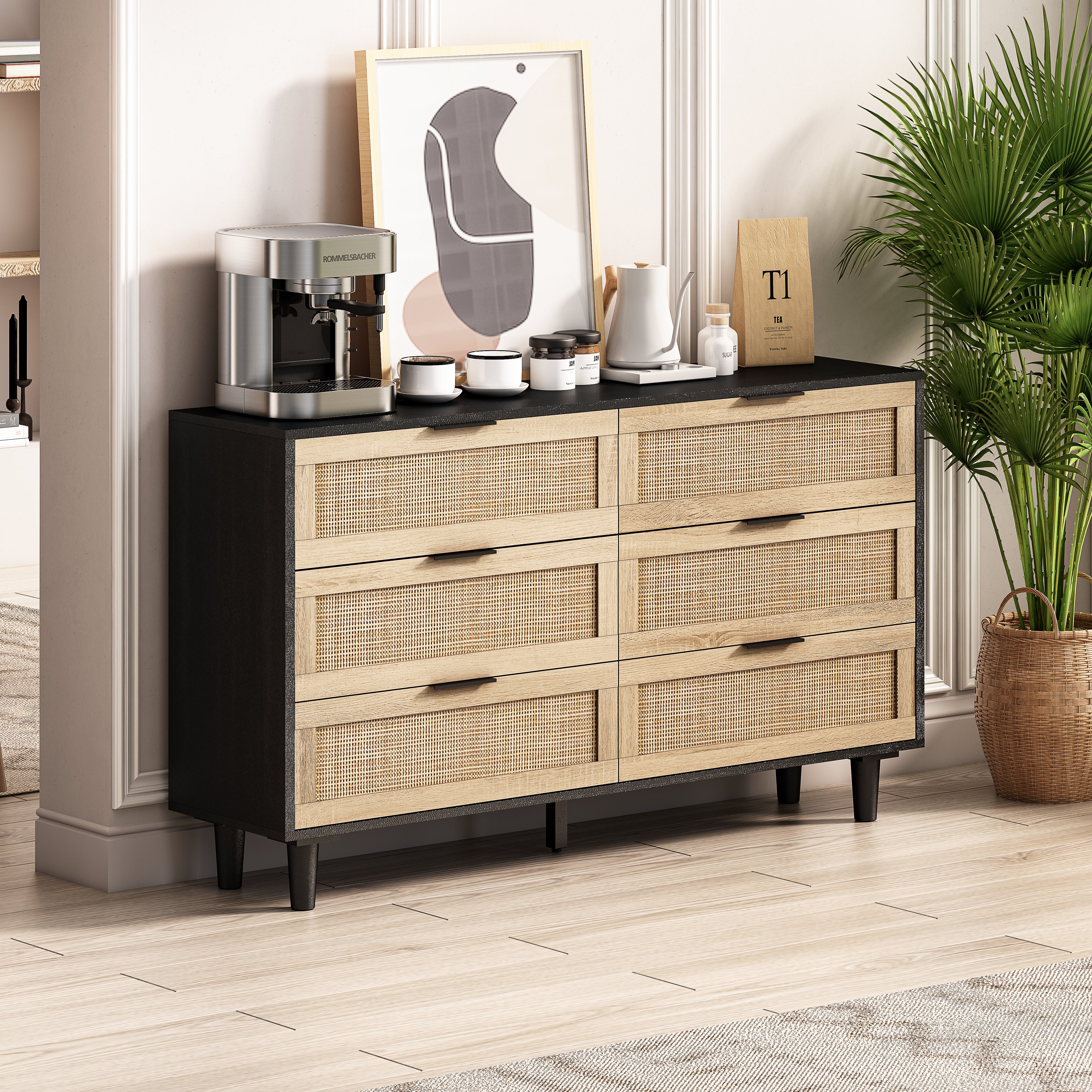 Rattan Storage Cabinet, 130CM 6-Drawer, Black