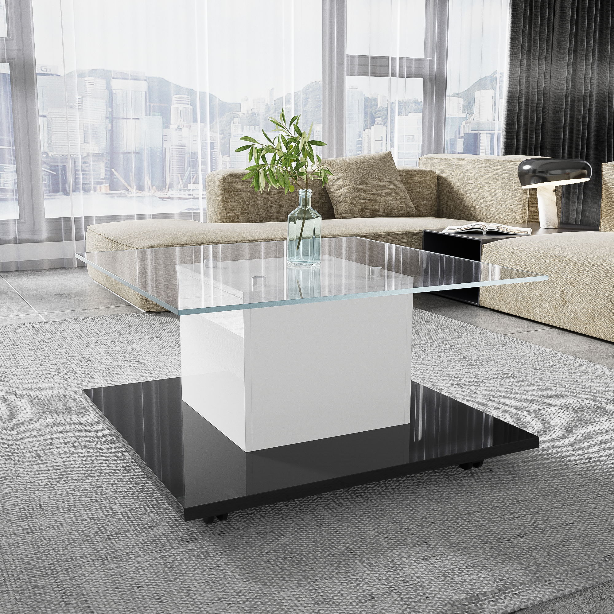 Coffee Table, High-Gloss Glass with Swivel Wheels