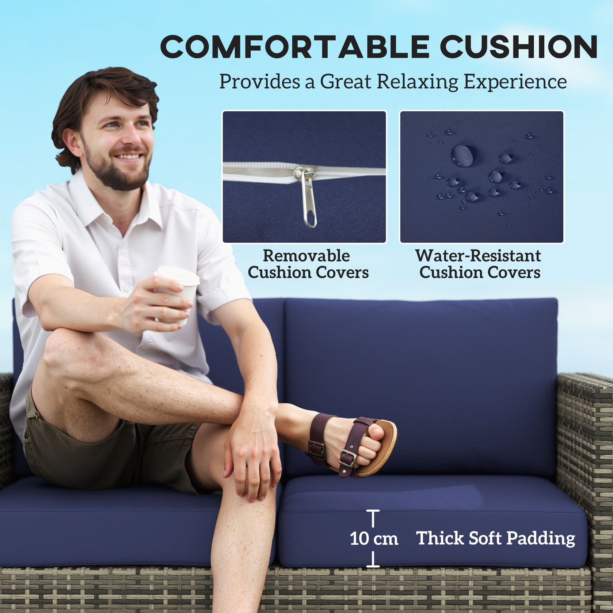 Rattan Sofa, 2 Seater Garden Loveseat with Soft Padded Cushion, Navy Blue