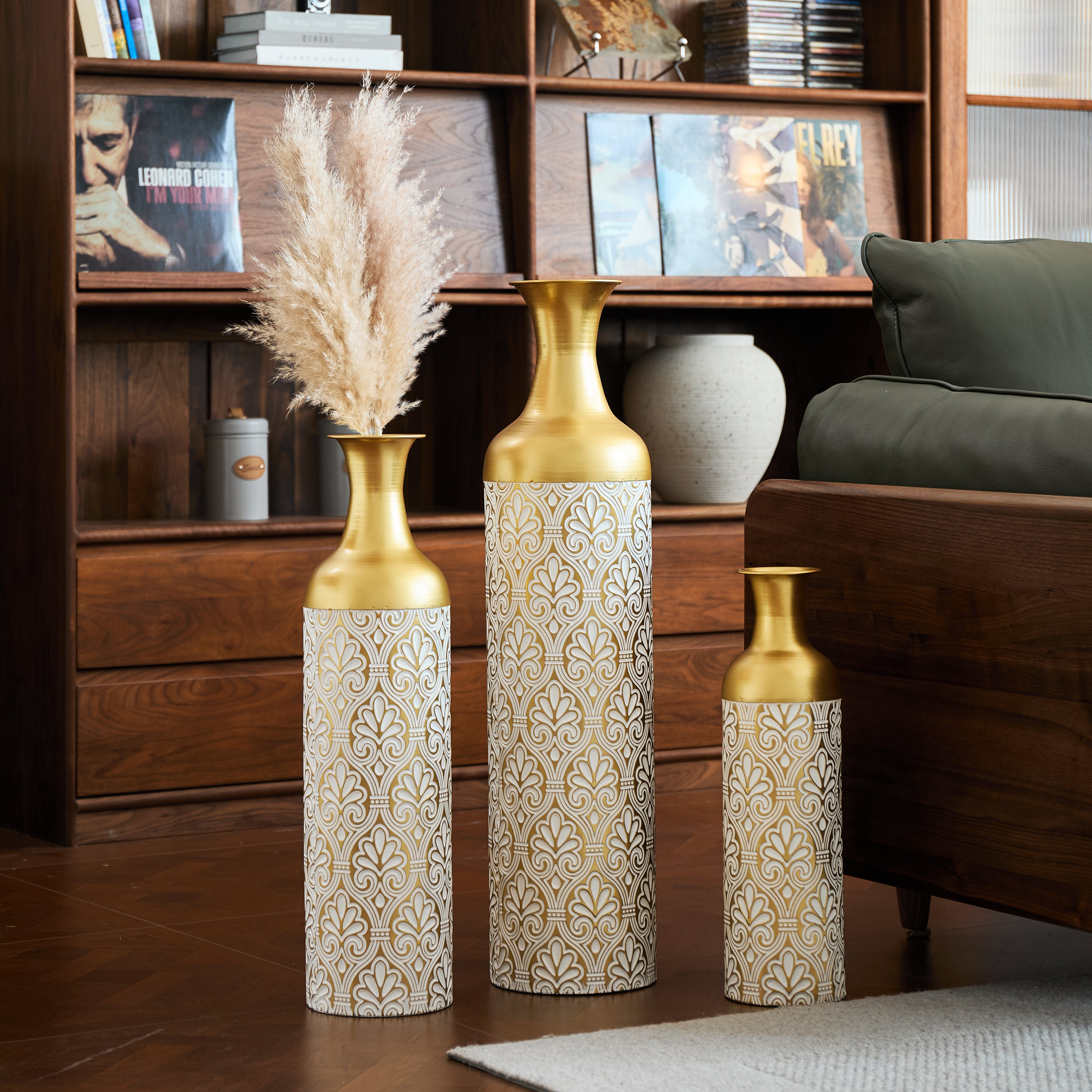 Floor Vase Set 3 Large Decorative 83/65/50cm High White Gold Metal