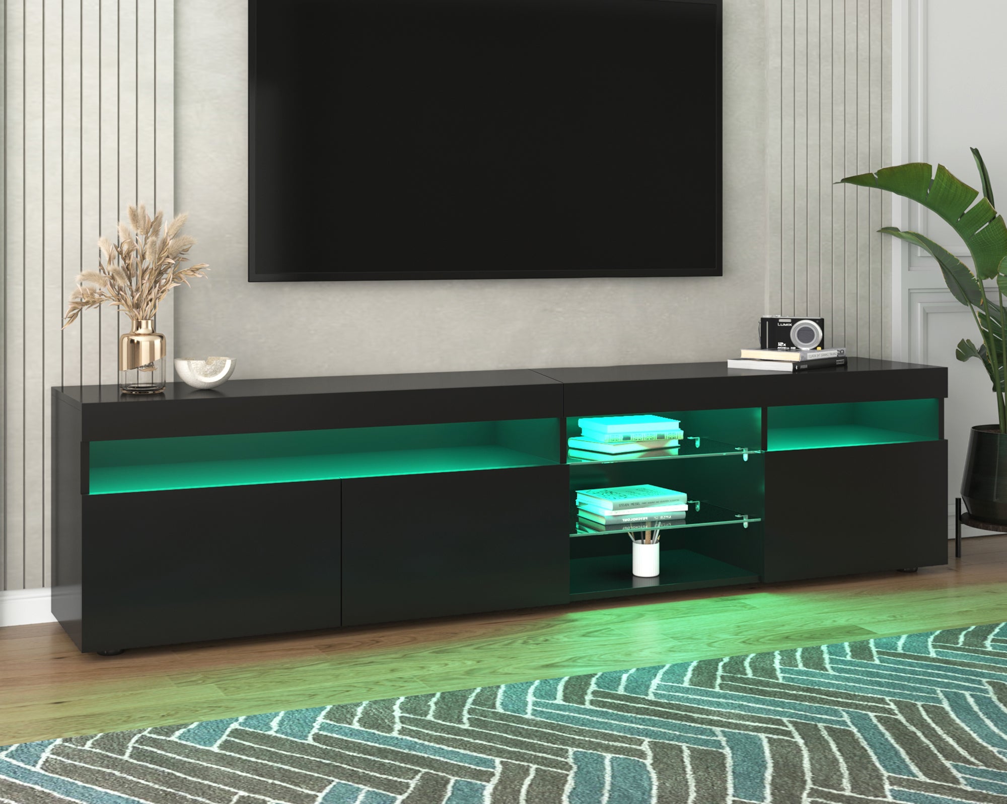 TV Cabinet, Modern with Bright Panel & LED Lighting, 180cm Black