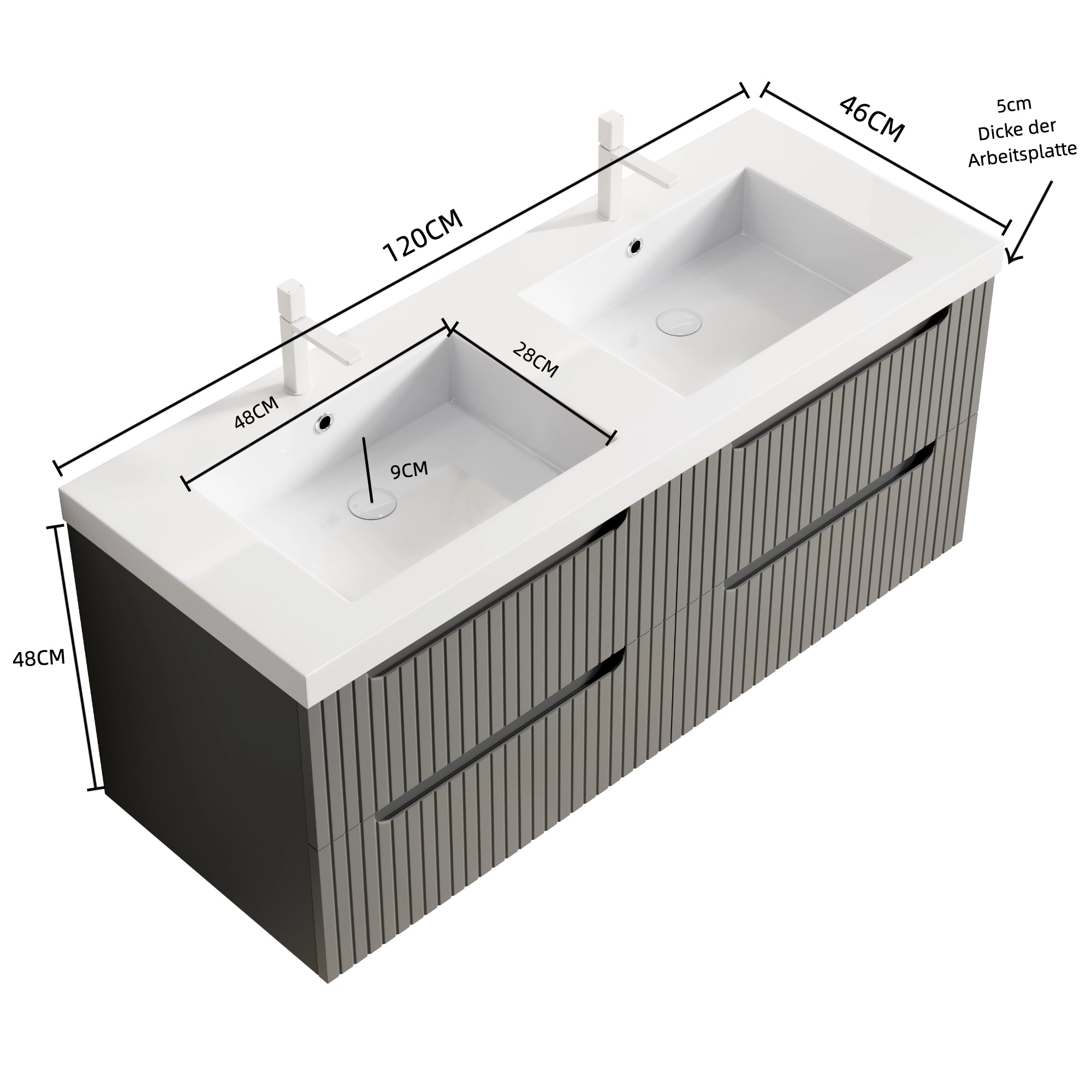Floating Bathroom Vanity with Double Sinks and 4 Drawers, Plywood, Dark Grey