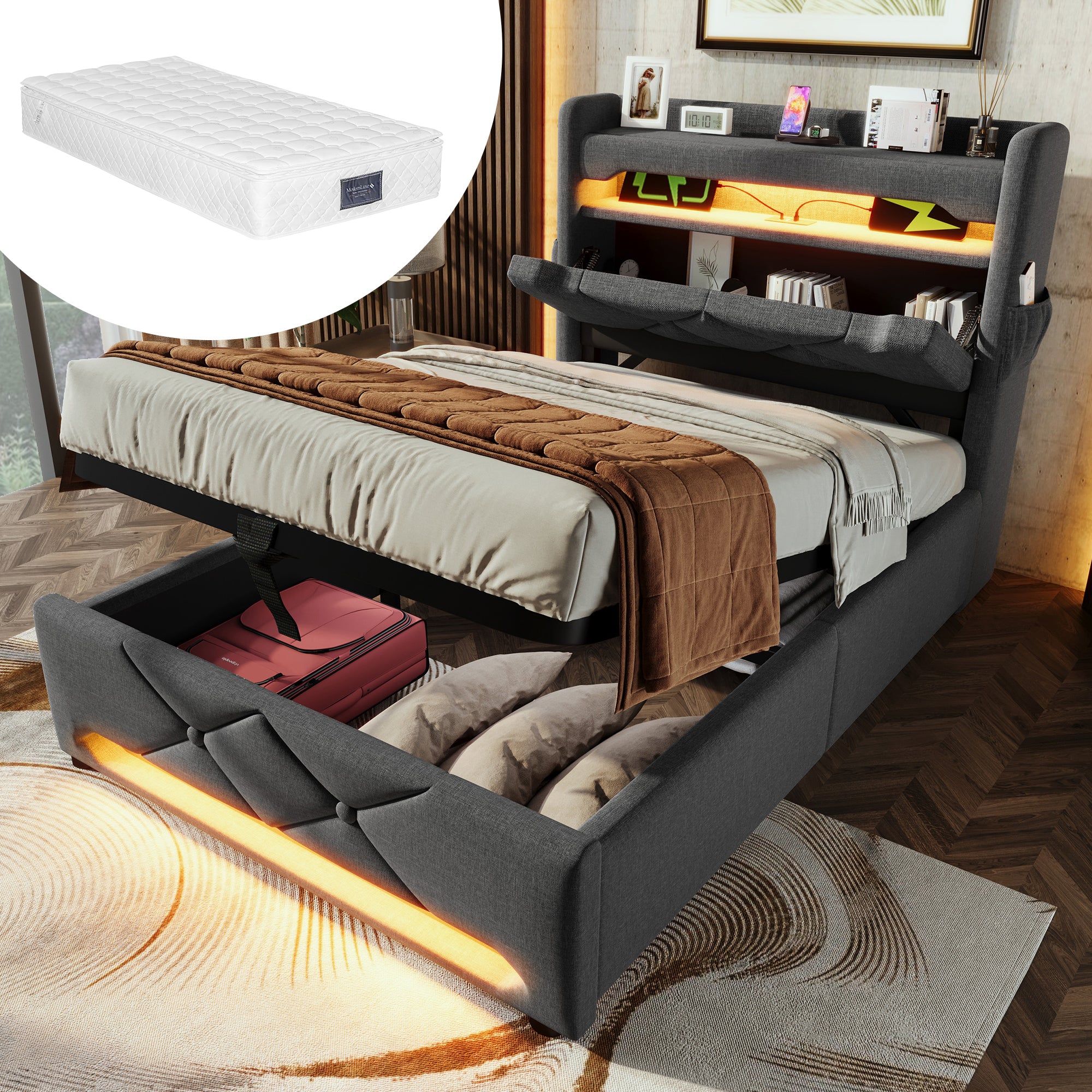 Upholstered Single Bed, 90x200, USB & Type-C Port, 360 LED, Hydraulic Storage, Gray Linen