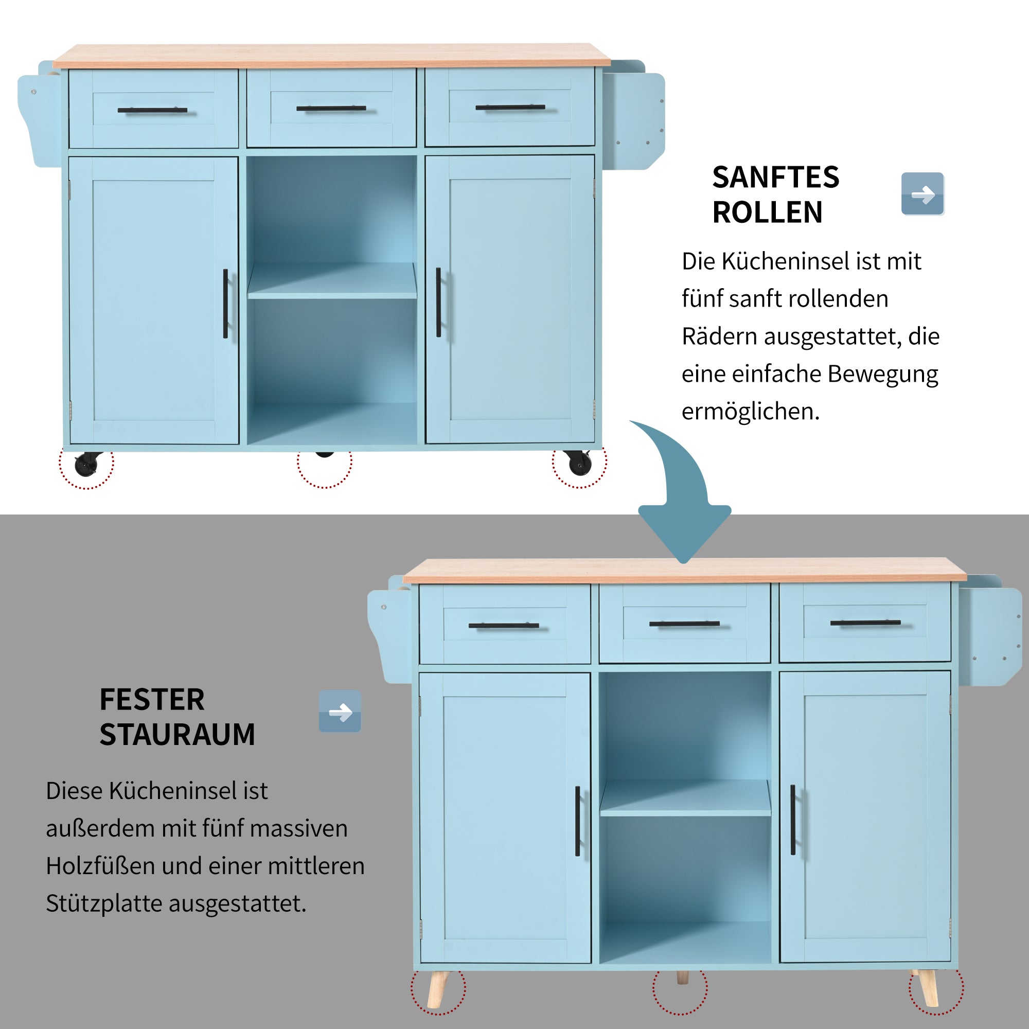 Dining Trolley Sideboard with Fold-Down Worktop and Casters, Blue and Solid Wood Grain