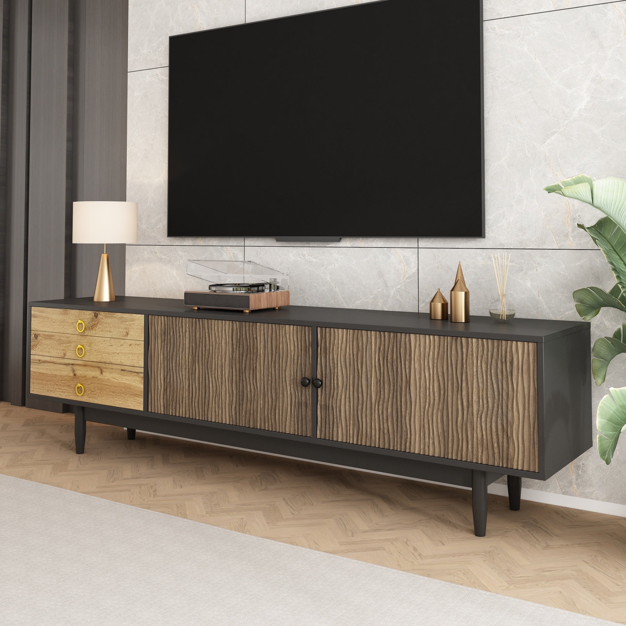 TV cabinet, water wave pattern, three drawers, wood and black