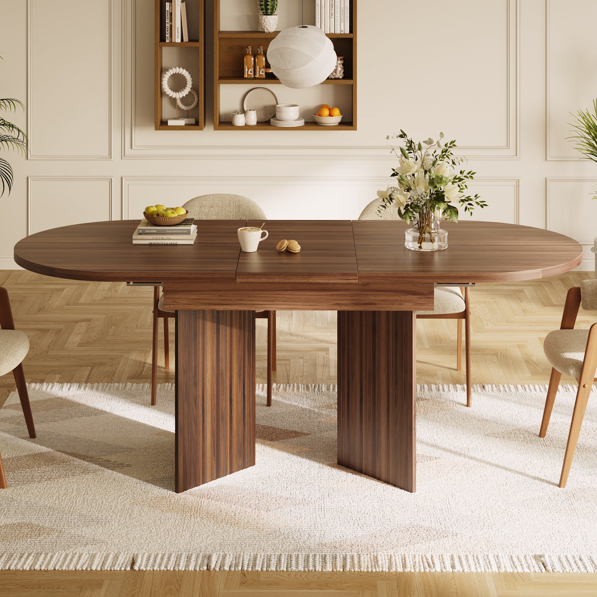 Extendable Dining Table with Internal Extension Leaves, 120-160 cm, Walnut Wood Finish